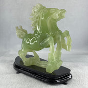 Natural Semi Icy Green Serpentine Double Horse with Wooden Stand Display 1119.9g 190.0 by 166.0 by 96.0mm - Huangs Jadeite and Jewelry Pte Ltd