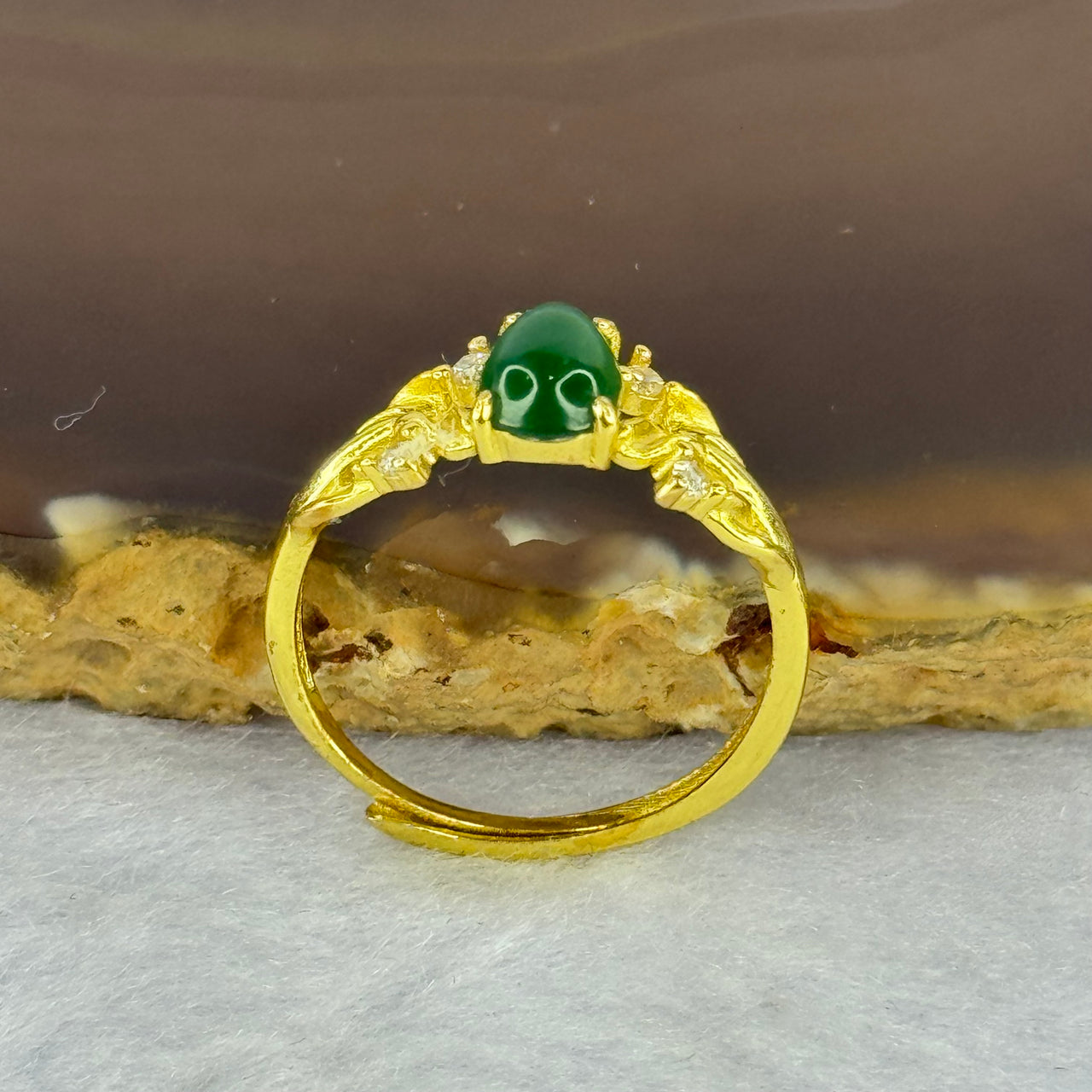 Type A Icy Green Jadeite Teardrop in S925 Sliver Gold Color Ring (Adjustable Size) 1.53g 7.5 by 5.3 by 2.5mm - Huangs Jadeite and Jewelry Pte Ltd