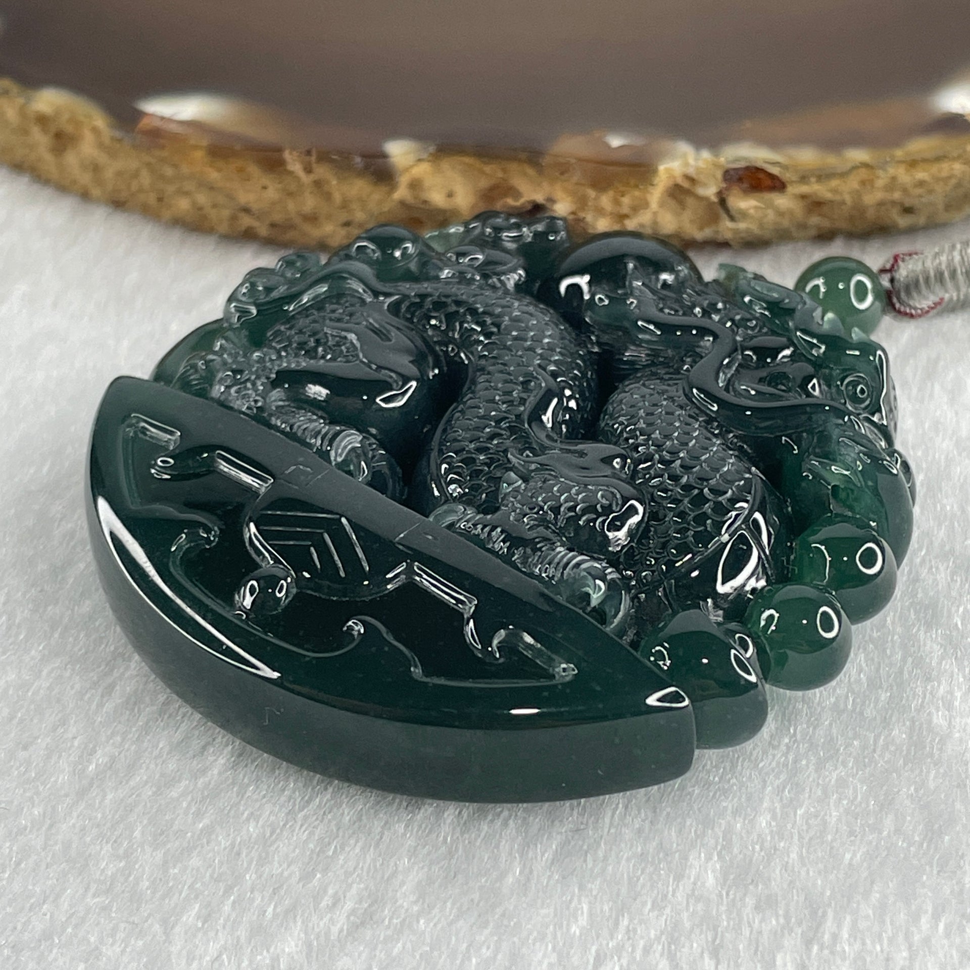 Type A Semi Icy Blueish Green Jadeite Double Dragon Pendant 71.30g 54.0 by 11.9mm - Huangs Jadeite and Jewelry Pte Ltd