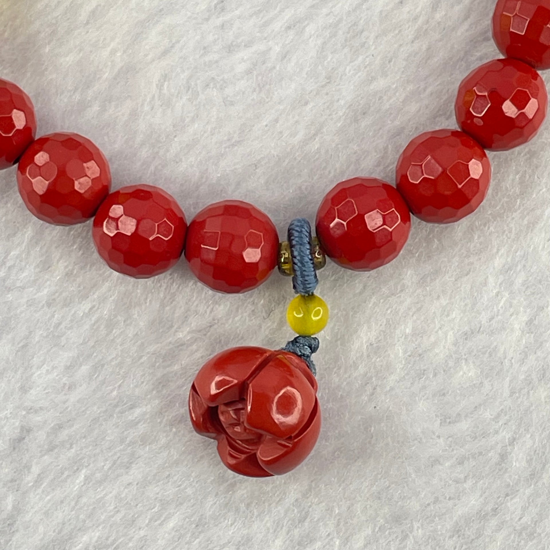 Natural Red Cinnabar Beads Bracelet with Flower Charm and Amber Pumpkin 26.20g 11.6 by 9.6mm 8.2mm 22 Beads - Huangs Jadeite and Jewelry Pte Ltd