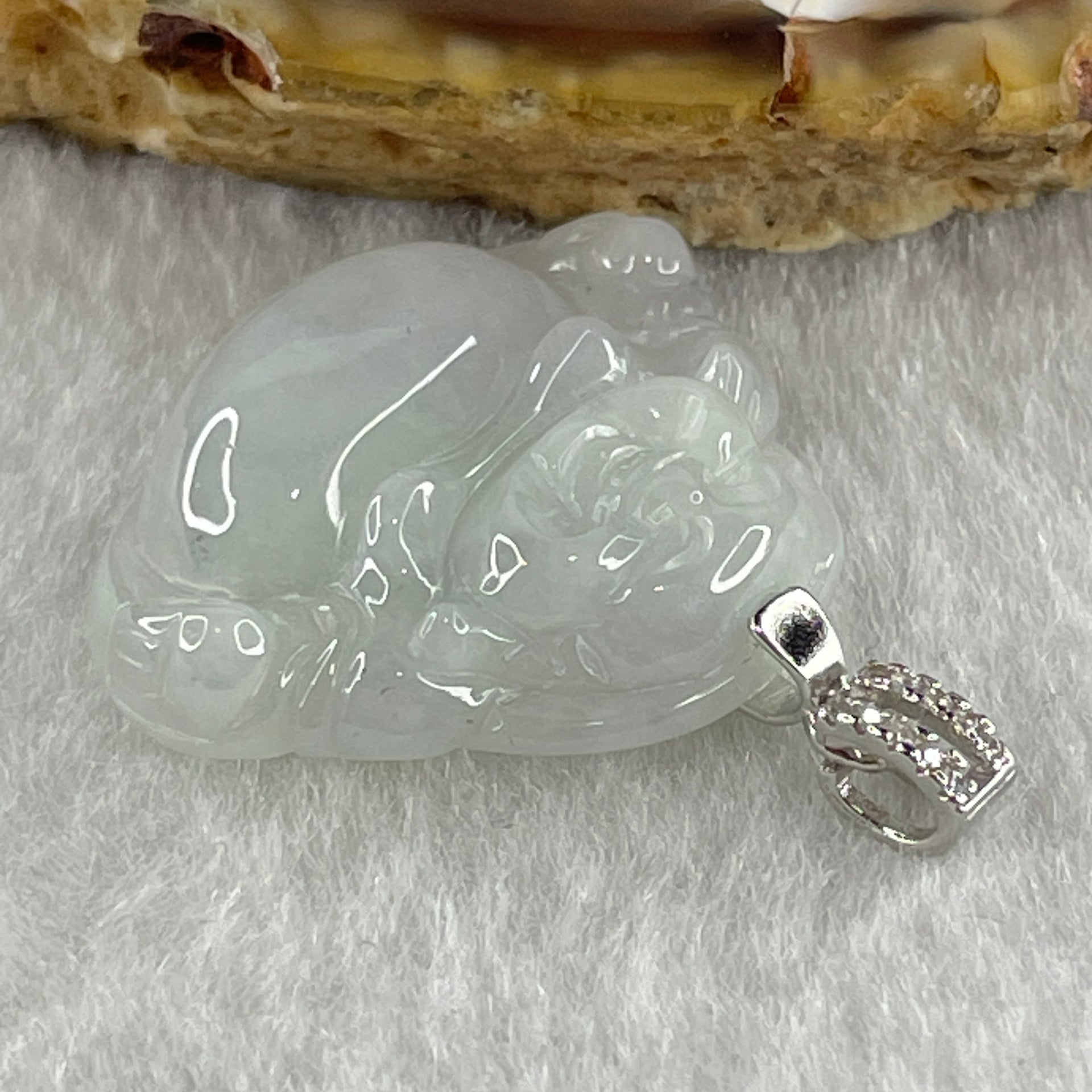 Natural Type A Light Lavender Jadeite Milo Buddha in S925 Silver and Cubic Zirconia Clasp Pendant 4.57g 20.4 by 24.8 by 6.0mm - Huangs Jadeite and Jewelry Pte Ltd