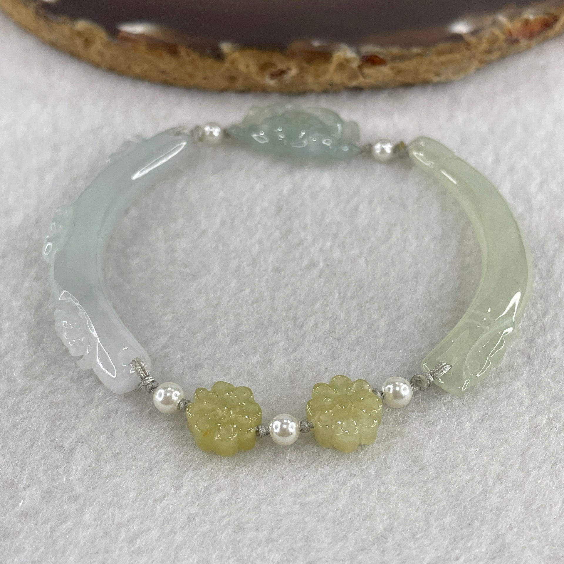 Natural Type A Semi Icy Light Green with Light Lavender Jadeite Flower Bracelet 16.97g 18cm 5.9 by 9.1mm - 22.6 by 14.1 by 5.5mm - Huangs Jadeite and Jewelry Pte Ltd