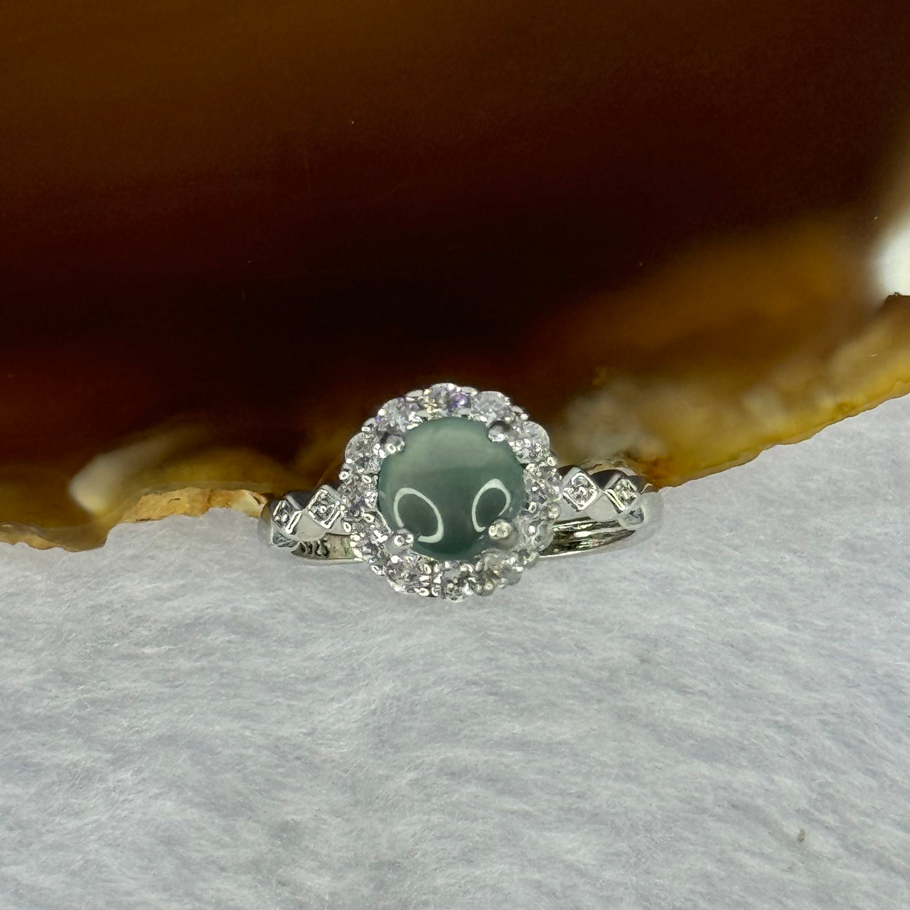 Type A Icy Blueish Green Jadeite with Crystals in S925 Sliver Ring (Adjustable Size) 1.77g 6.9 by 3.0mm - Huangs Jadeite and Jewelry Pte Ltd