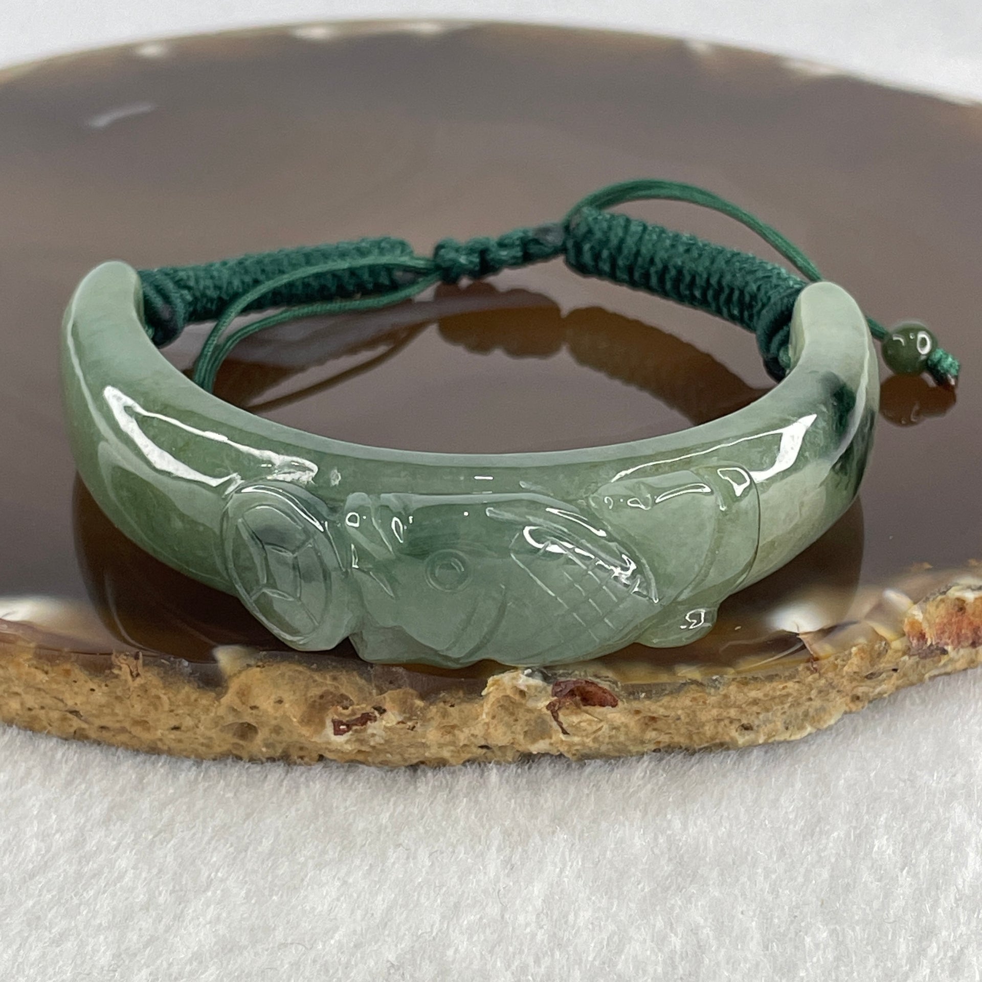 Natural Type A Jelly Green with Dark Green Piao Hua Jadeite Carp Fish with Coin Bracelet 37.48g 16cm 14.0 by 11.8mm - Huangs Jadeite and Jewelry Pte Ltd