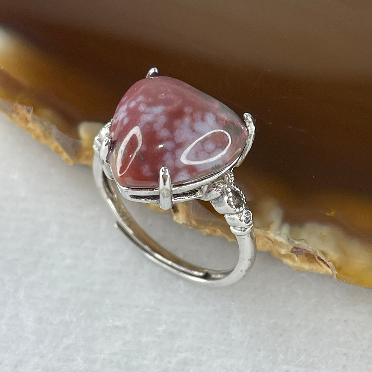 Natural Red Brecciated Jasper Heart Shape Ring in S925 Sliver 2.65g 12.4 by 12.7 by 5.5mm (Adjustable Size) - Huangs Jadeite and Jewelry Pte Ltd