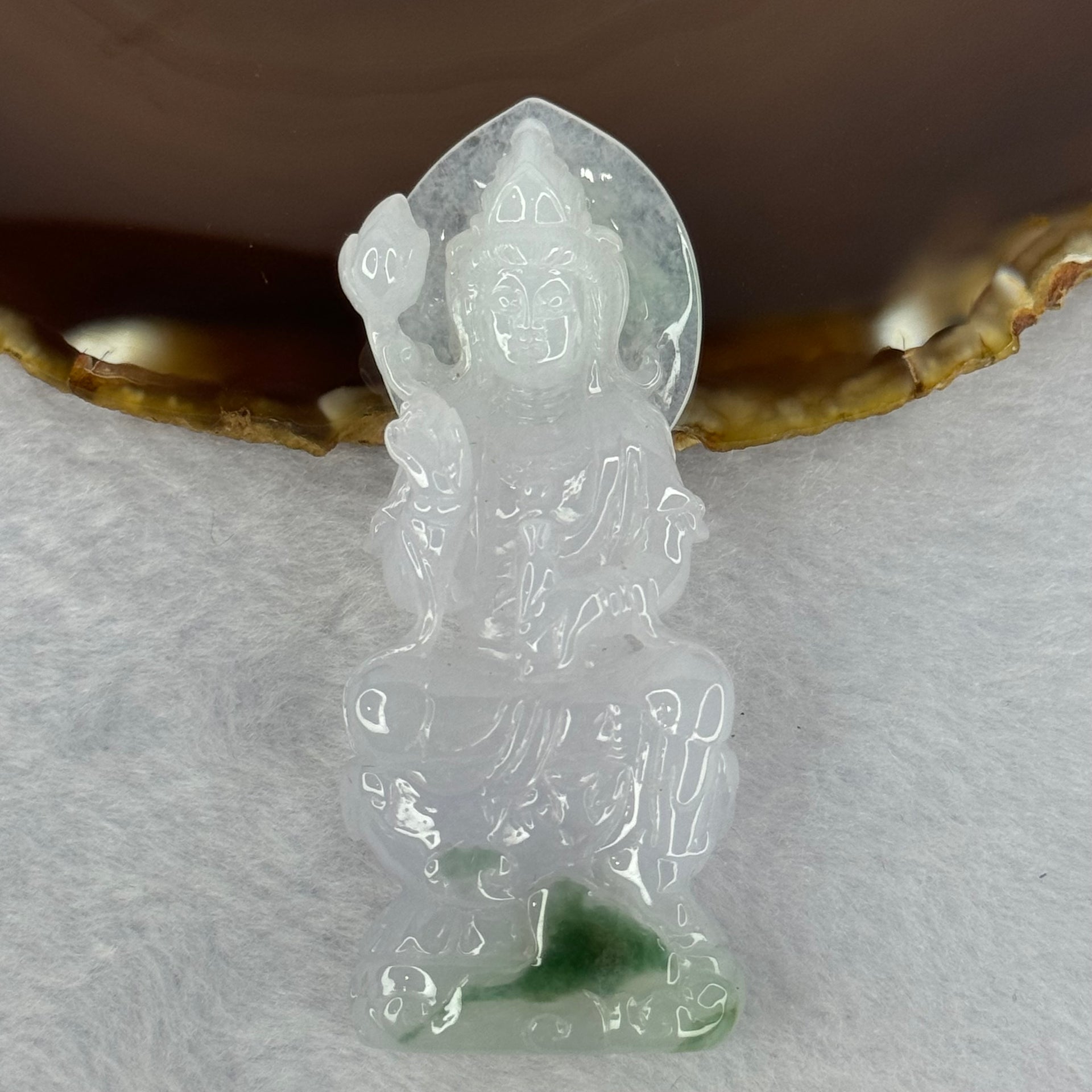 Type A Light Lavender with Green Patches Jadeite Guan Yin Pendent with Wooden Stand 111.55g  111.8 by 58.7 by 46.6mm - Huangs Jadeite and Jewelry Pte Ltd