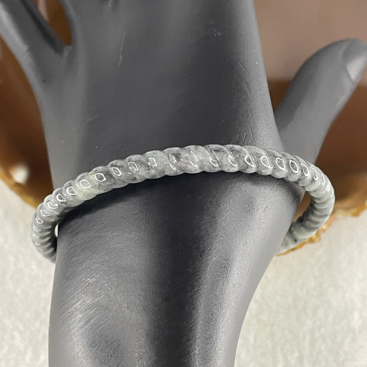 Natural Type A Wuji Grey Jadeite Twisted Bangle | 59.2mm Inner Diameter (13.87g 5.3x5.4mm | Continuous Fortune & Root Shield) - Huangs Jadeite and Jewelry Pte Ltd