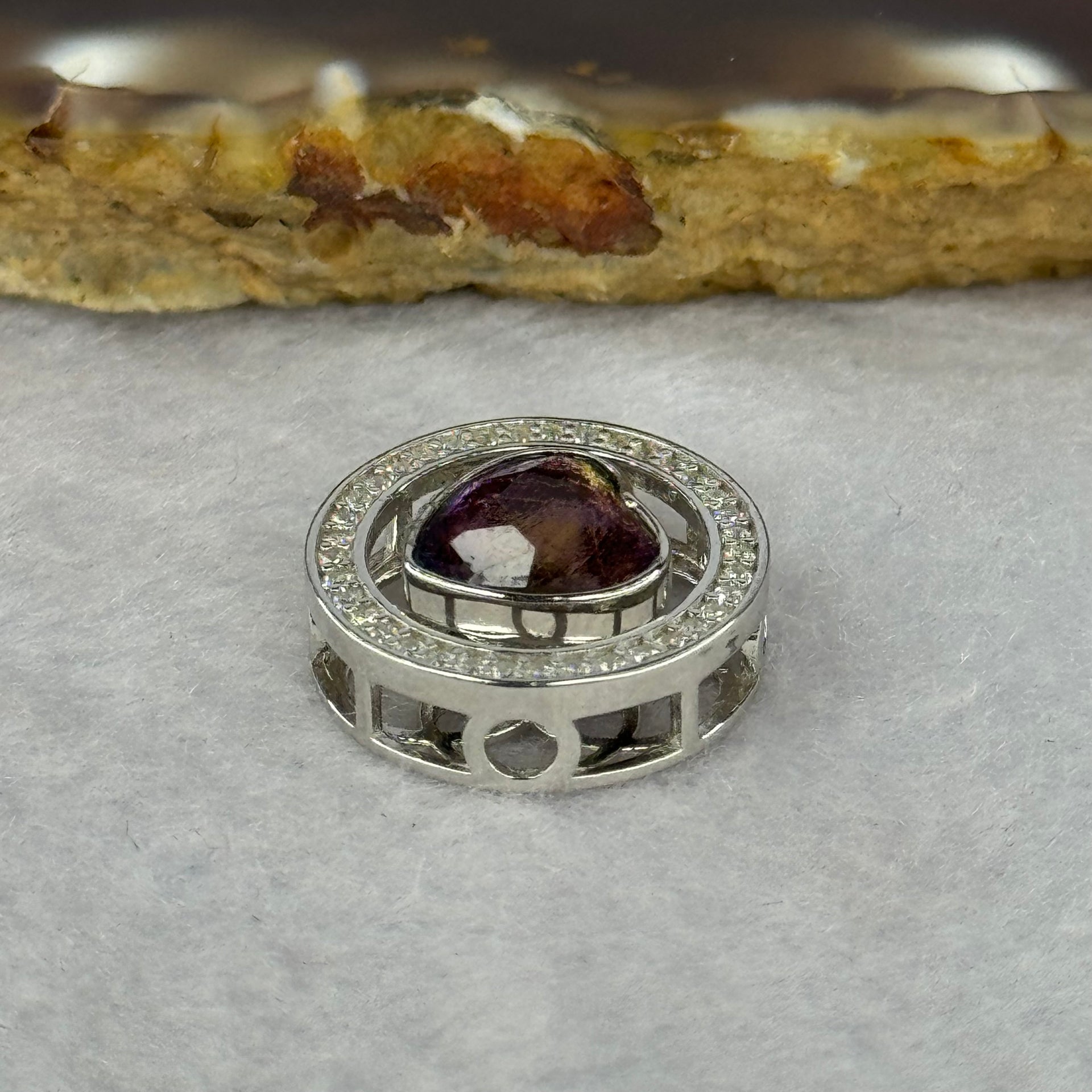 Natural Meteorite Powerful Energy Spinning Purple with Yellow Heart Charm in S925 Silver with Crystals For Necklace / Bracelet 2.85g 15.8 by 7.0mm - Huangs Jadeite and Jewelry Pte Ltd