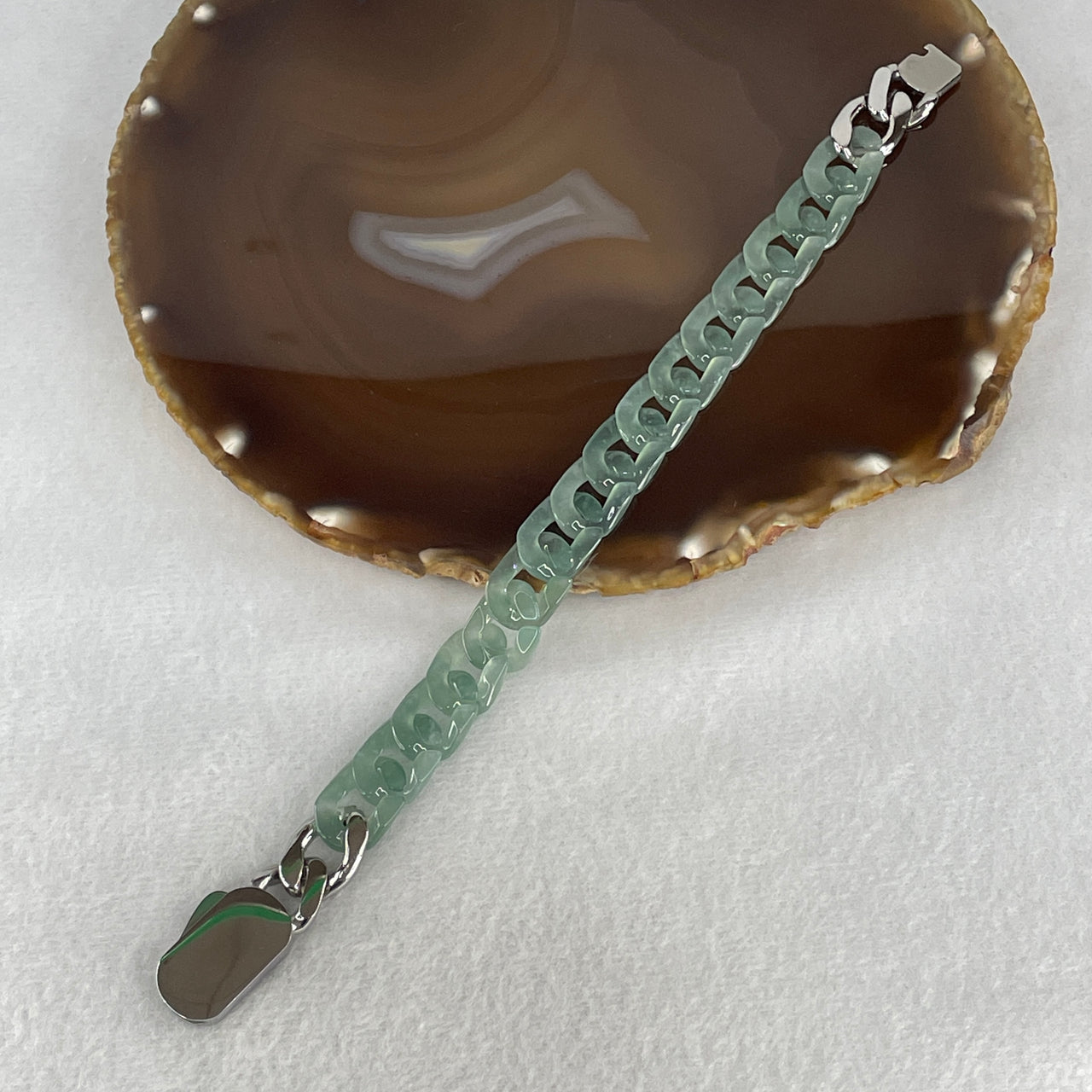 Certified Natural Type A Icy Light Blueish Green Jadeite Cuban Tennis Bracelet with Sliver Color Clasp 25.53g Up to 18cm 11.7 by 3.5mm 16 Pcs