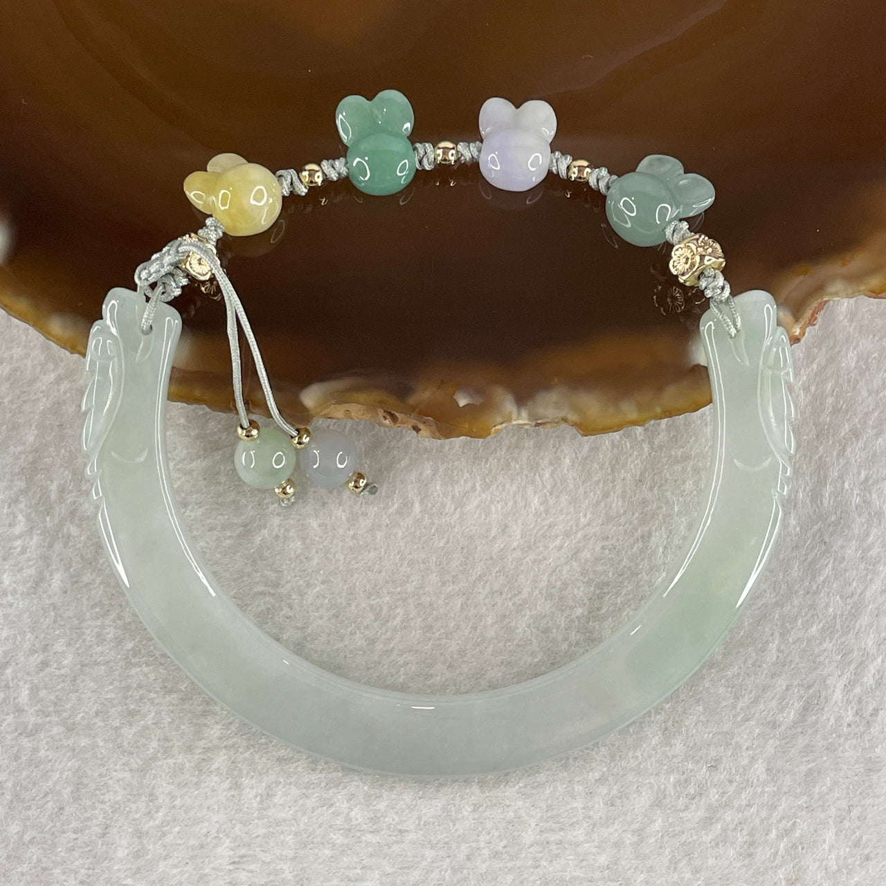 Natural Type A Light Green Jadeite Double Dragon Heads with Rabbit Charm Bracelet18.59g 18cm 3.8 by 8.5mm - Huangs Jadeite and Jewelry Pte Ltd