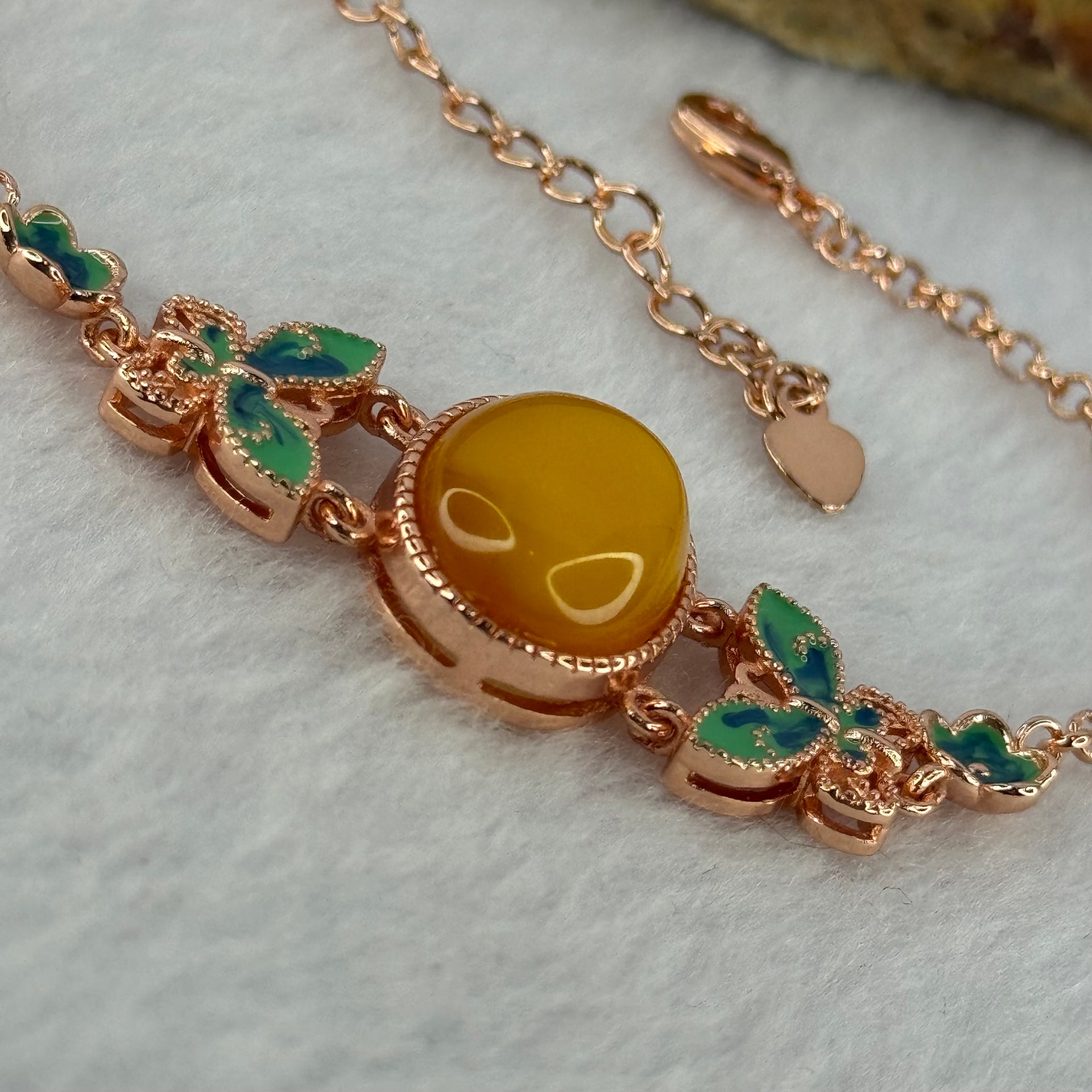 Natural Butterscotch Amber Beads Silver Rose Gold Color Butterfly Bracelet 6.04g 15.7 by 11.8 by 4.5mm - Huangs Jadeite and Jewelry Pte Ltd