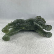 Natural Green with Yellow Serpentine Male Dog with Wooden Stand Feng Shui Display 1,780.3g 220.0 by 82.0 by 220.0mm - Huangs Jadeite and Jewelry Pte Ltd