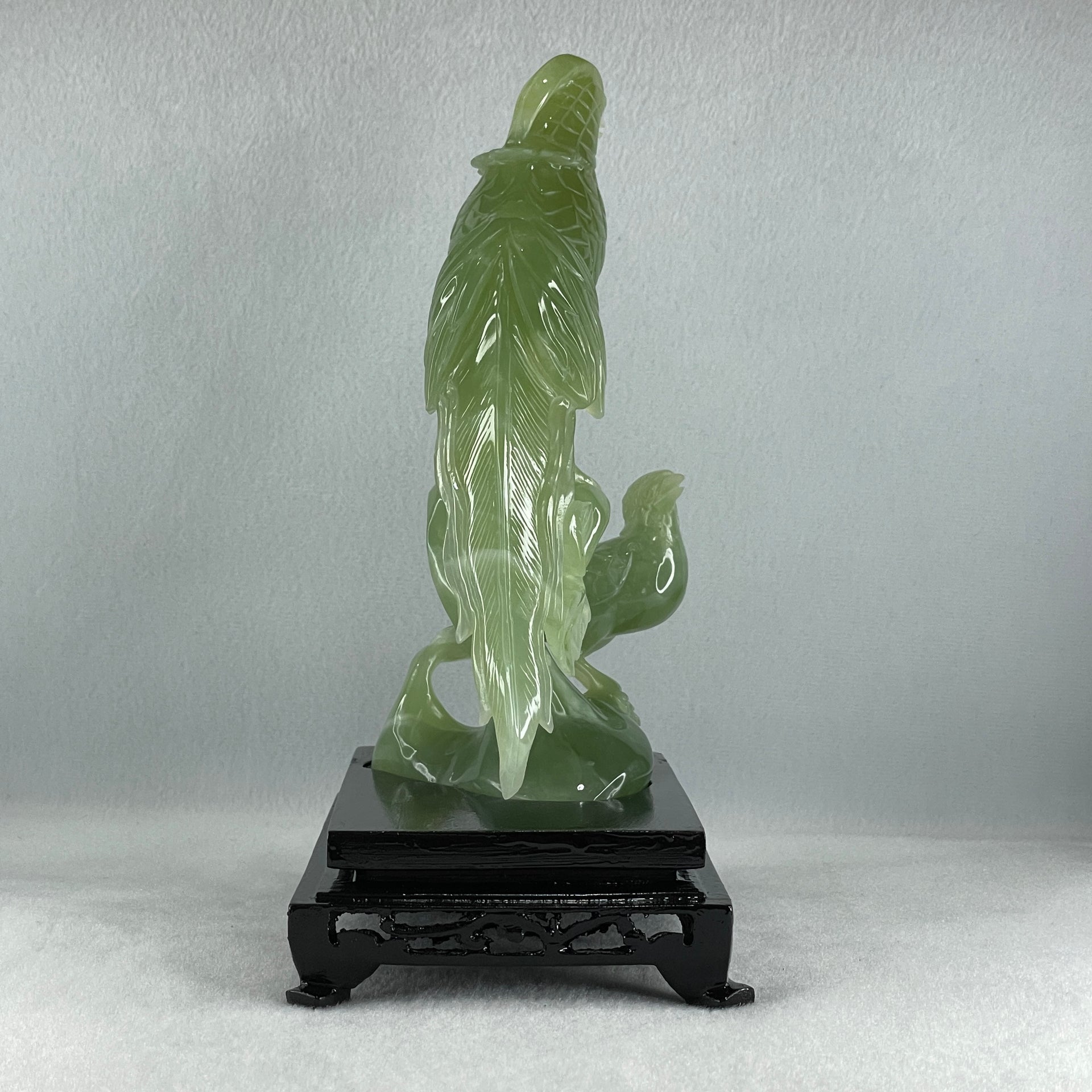 Natural Green Serpentine Phoenix with Bird with Wooden Stand Display 678.9g L155.0 by B105.0 by H226.0 mm - Huangs Jadeite and Jewelry Pte Ltd