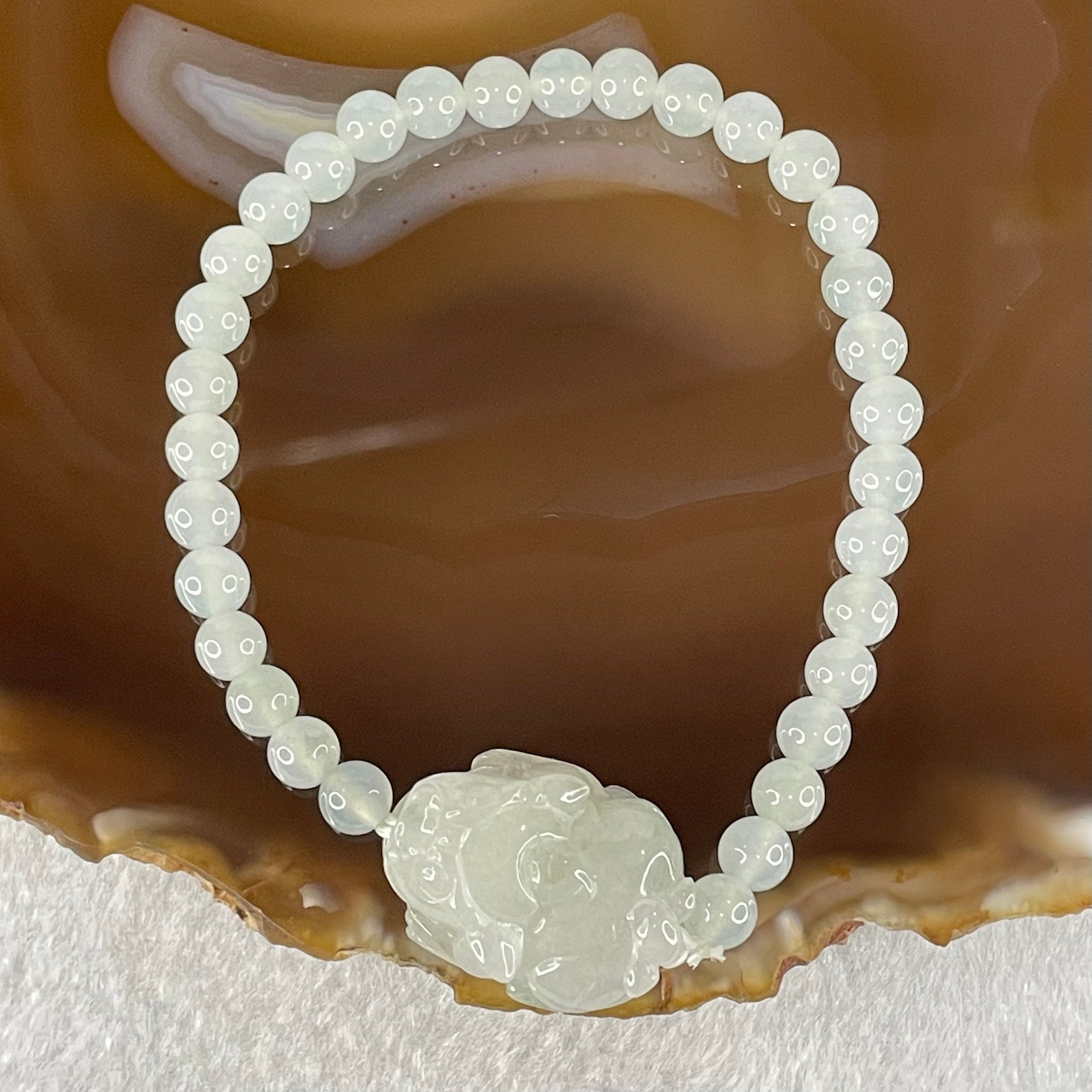 Special Type A Semi Icy Light Blueish Green Jadeite with Male Pixiu Charm Bracelet 5.61g 16cm 5.4mm 32 Beads 22.4 by 11.4 by 11.8mm 1pcs - Huangs Jadeite and Jewelry Pte Ltd