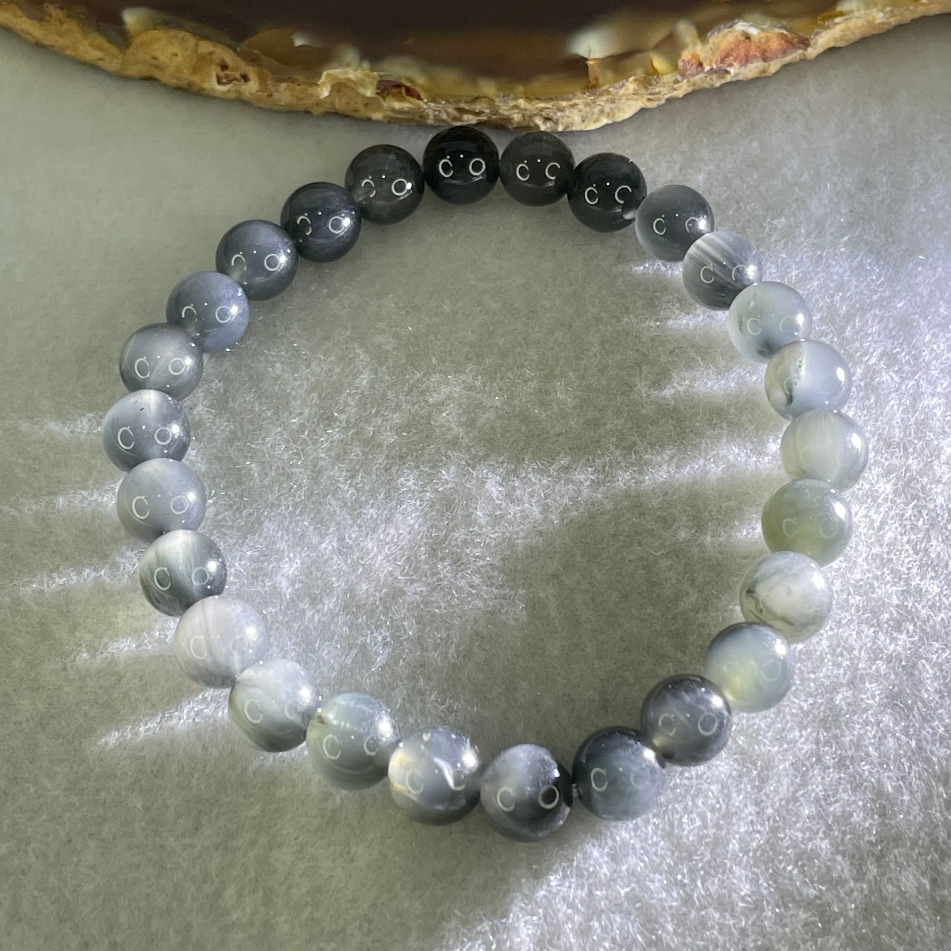 Good Grade Natural Grey Rabbit Hair Rutilated Quartz Beads Bracelet 12.79g 15.5cm 7.3mm 26 Beads - Huangs Jadeite and Jewelry Pte Ltd