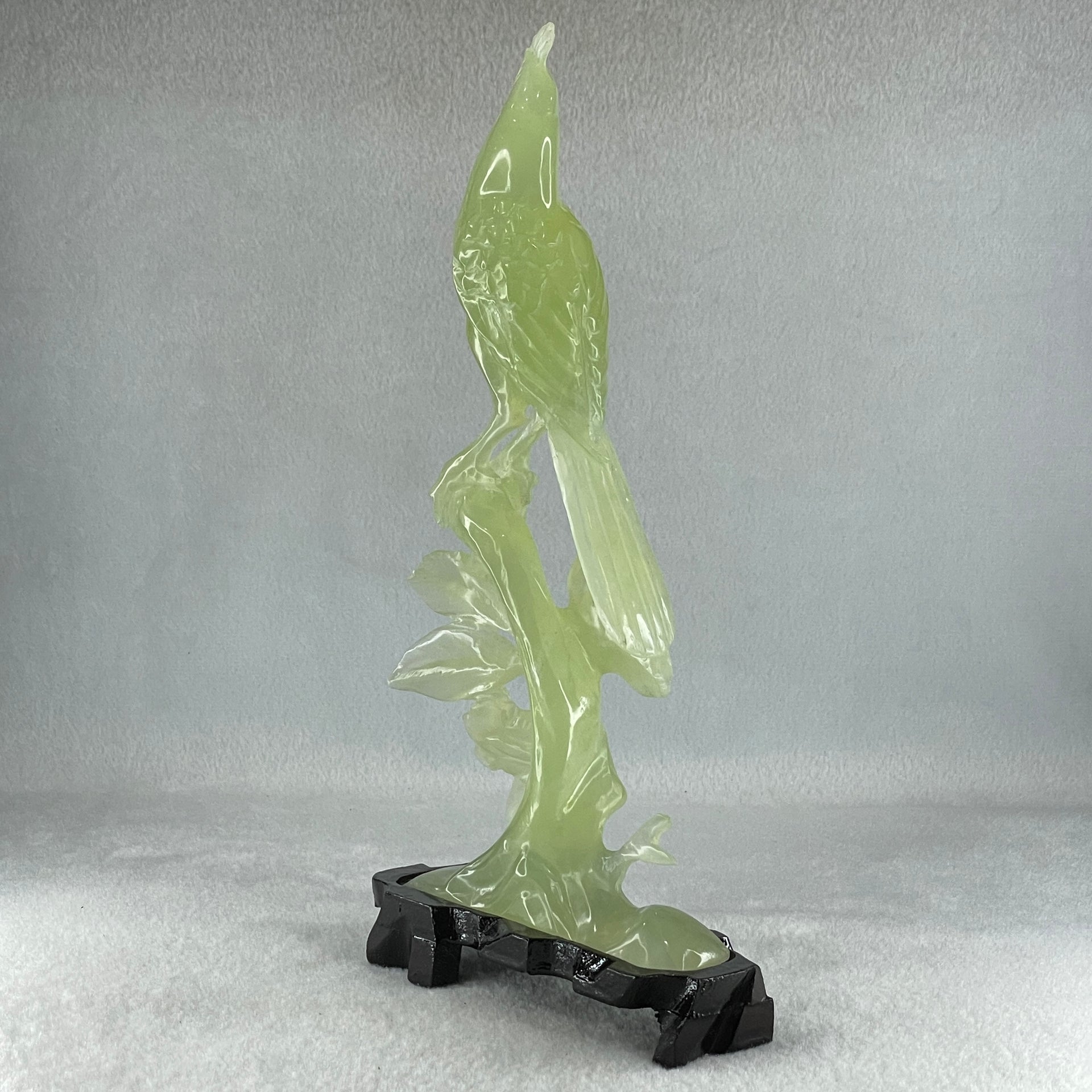 Natural Green Serpentine Javan Mynah Birds on Tree with Wooden Stand Display 388.9g 130.0 by 258.0 by 64.0mm - Huangs Jadeite and Jewelry Pte Ltd