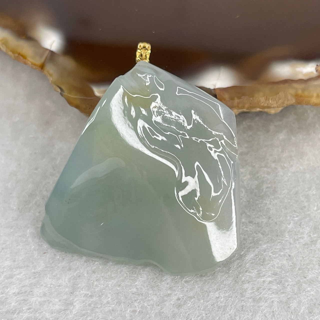 Natural Type A Semi-Icy Light Blueish Green Jadeite Raw Rough Pendant | Solid 18K 750 Yellow Gold Clasp Luxury Organic Nugget Statement Amulet (8.99g 27.1x27.5x9.1mm)
