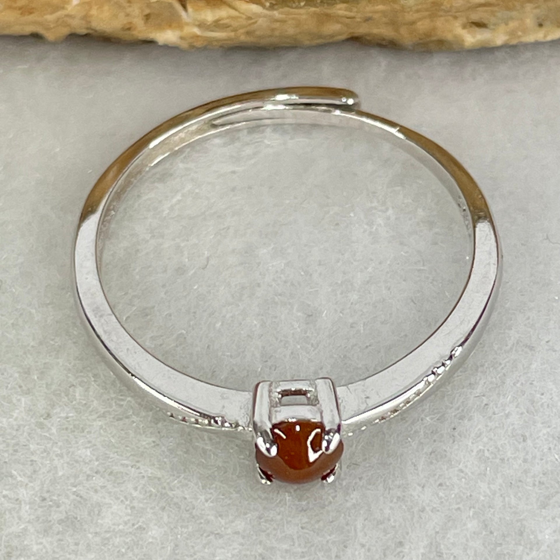 Type A Red Cabochon Jadeite in S925 Sliver Ring (Adjustable Size) 1.10g 3.4 by 2.0mm - Huangs Jadeite and Jewelry Pte Ltd