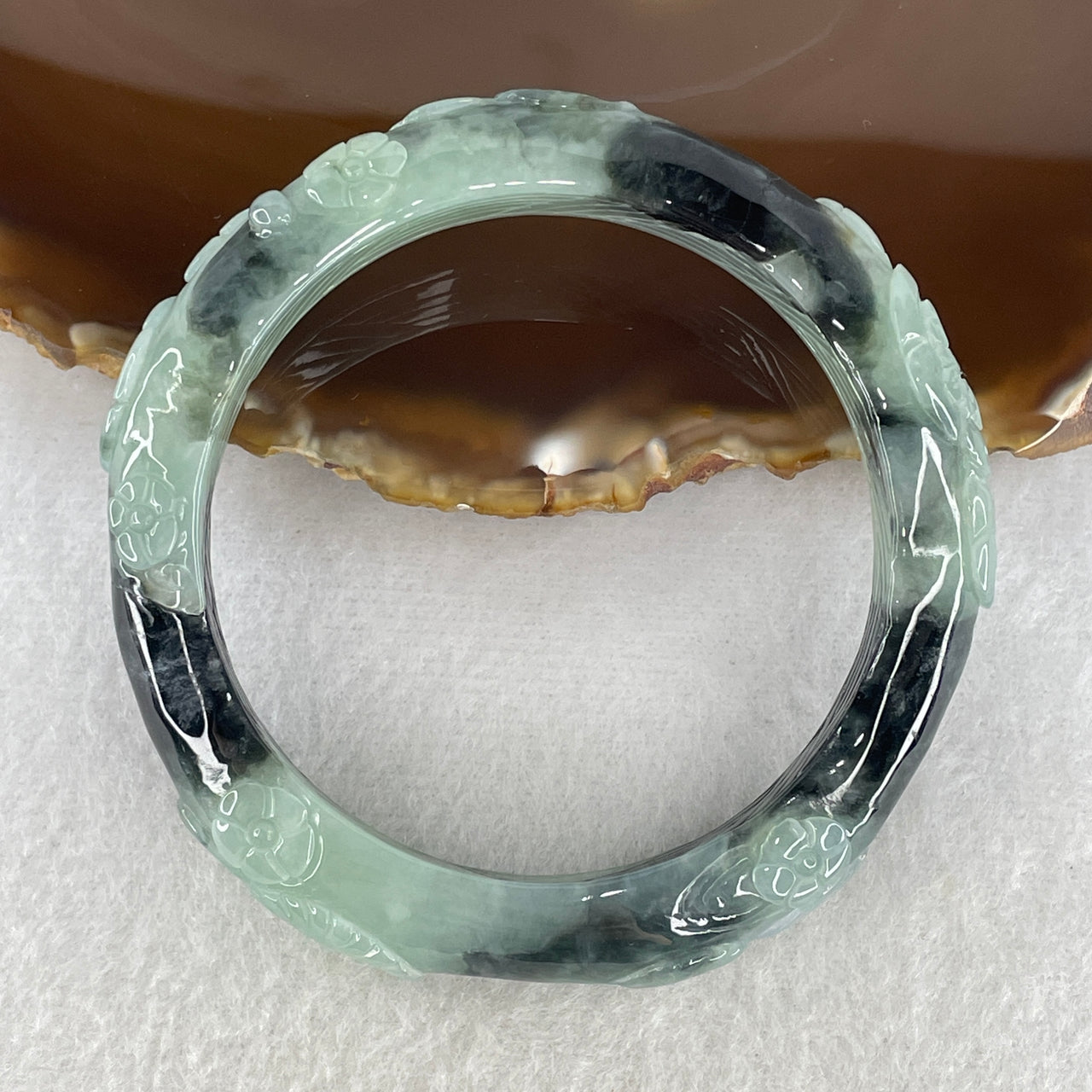 Natural Type A Partial Translucent Jadeite Carved Bangle | 56.2mm Light Blueish-Green with Deep Dark Green Patches | Master-Sculpted "Twin Birds & Flowers" Round Wrist Heirloom 50.97g 11.1x9.8mm (Very Slight External Rough)