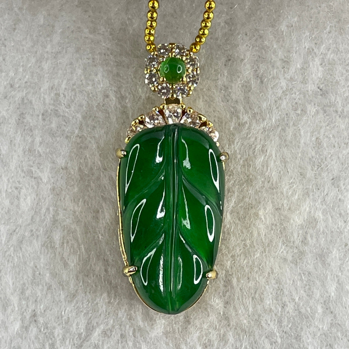 Natural Type A Omphacite Green Jadeite Leaf Necklace in Gold-Colored S925 Silver | (6.39g | 43cm S925 | 21.5 x 12.0 x 3.0mm | Career Success & Growth Anchor, Feng Shui Prosperity & Executive Charm Necklace) - Huangs Jadeite and Jewelry Pte Ltd