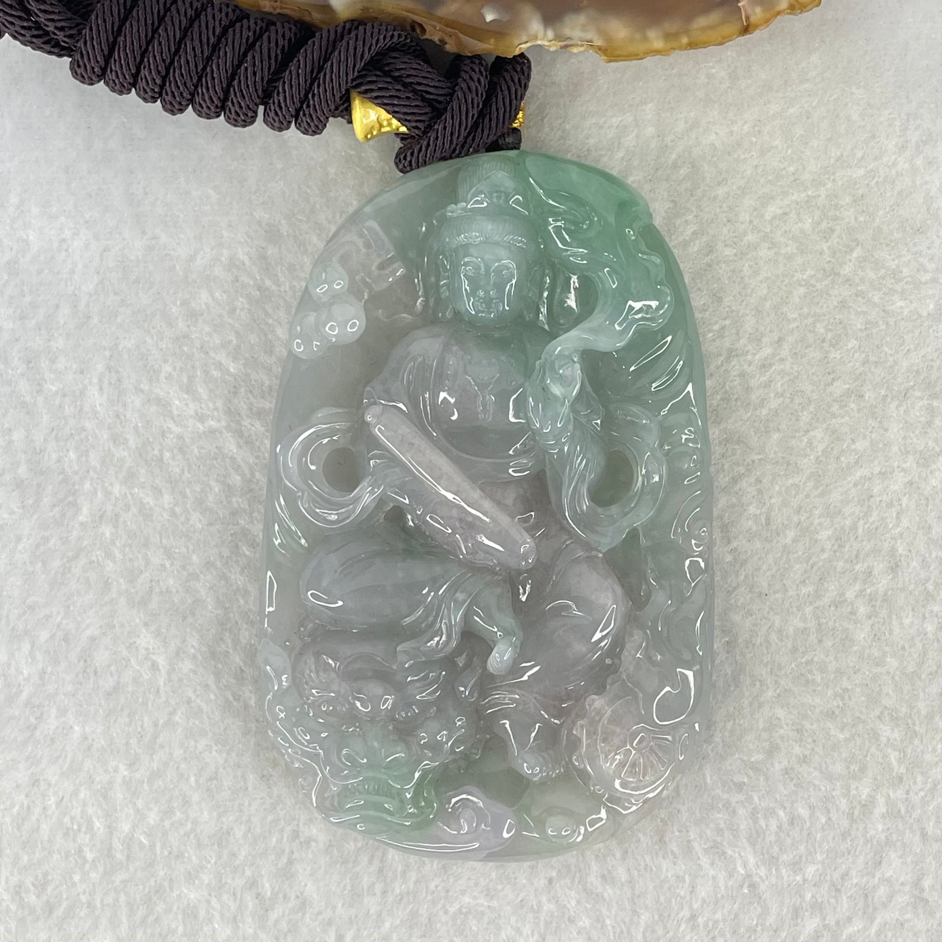 Grand Master Type A Jelly Lavender and Green Piao Hua Jadeite Manjusri Bodhisattva Pendant 90.51g 77 by 50 by 12.8mm - Huangs Jadeite and Jewelry Pte Ltd