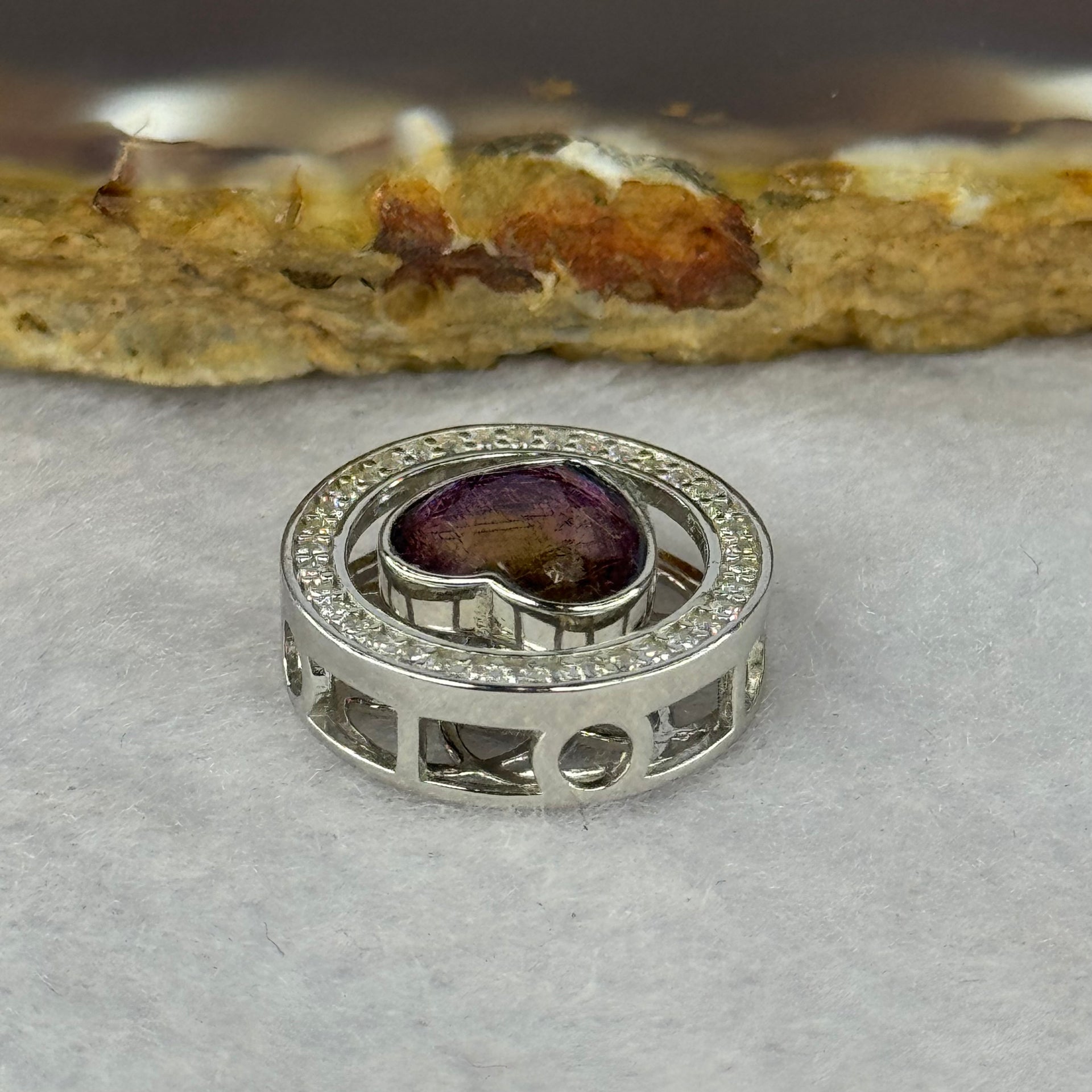 Natural Meteorite Powerful Energy Spinning Purple with Yellow Heart Charm in S925 Silver with Crystals For Necklace / Bracelet 2.85g 15.8 by 7.0mm - Huangs Jadeite and Jewelry Pte Ltd