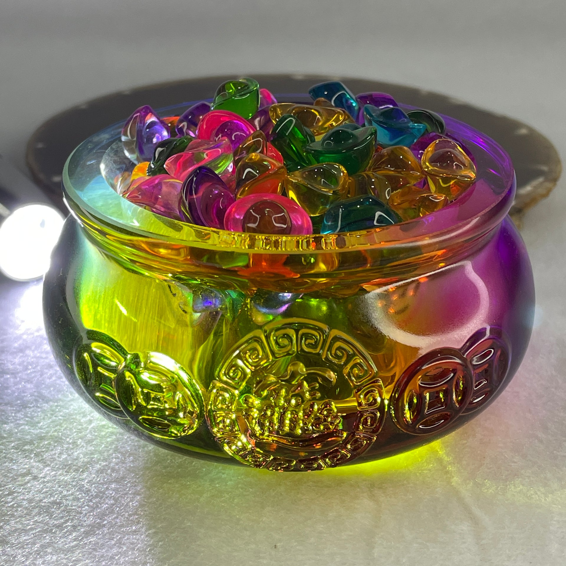 Muti Color Liuli Wealth Pot with Ingot Yuan Bao Display Total Weight 638.93g 101.0 by 51.0mm - Huangs Jadeite and Jewelry Pte Ltd