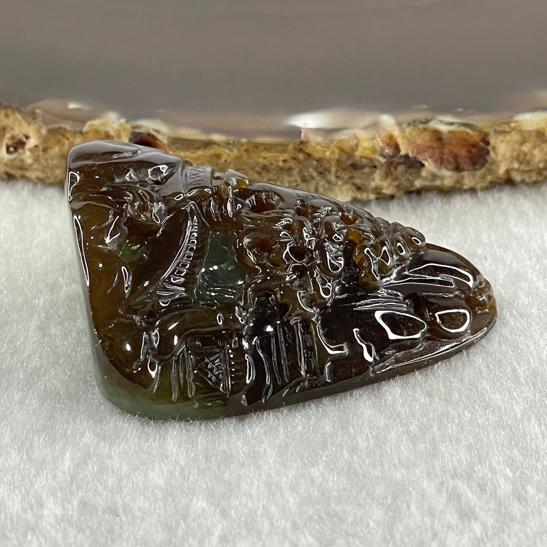 Type A Dark Brown and Blueish Green Jadeite Double Sided Shan Shui Gui Ren Benefactor Pendant 42.63g 43.2 by 36.0 by 20.2mm - Huangs Jadeite and Jewelry Pte Ltd