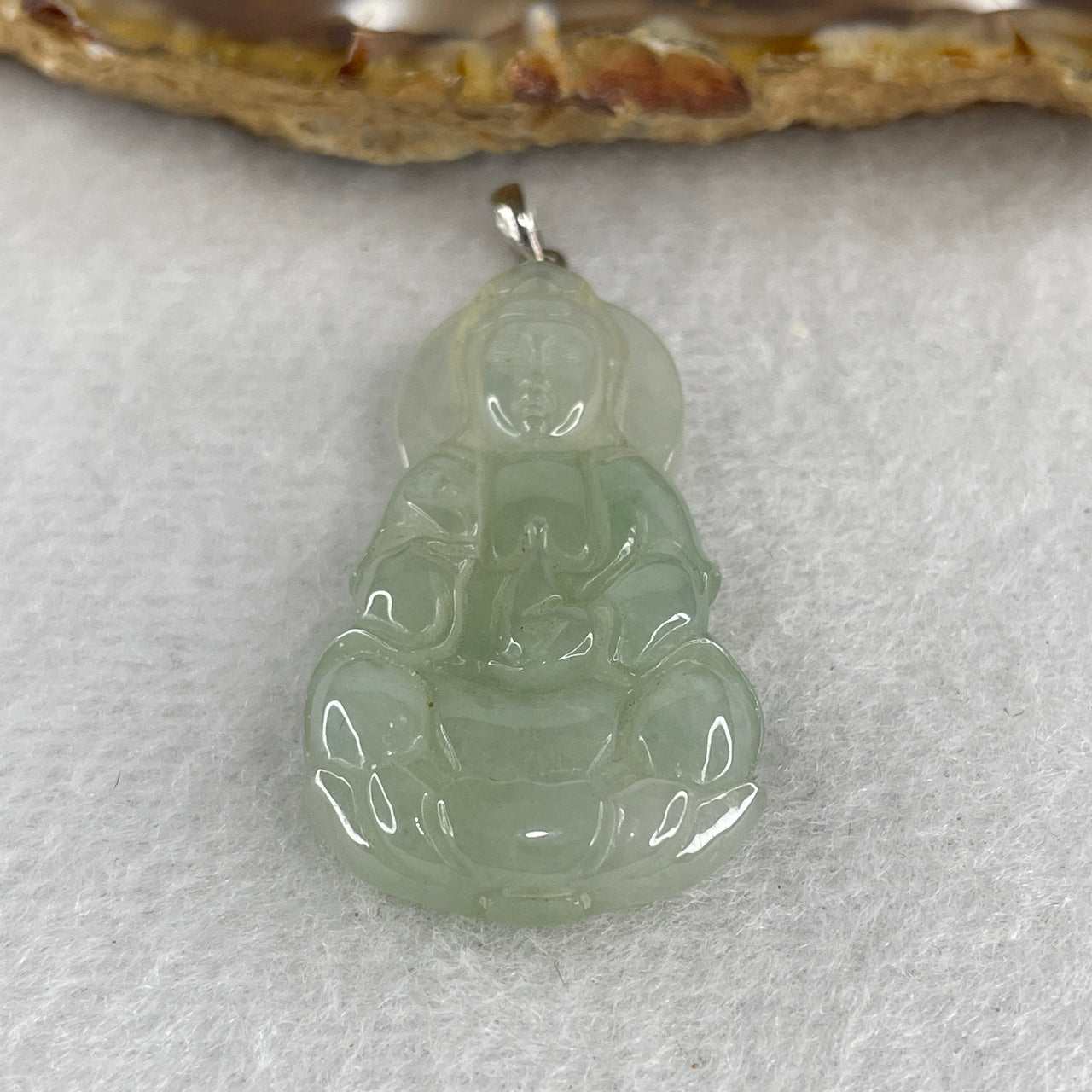 Natural Type A Semi Icy Light Green Jadeite Guan Yin on Lotus Flower with 18K White Gold Clasp Pendant 9.98g 37.7 by 214 by 6.9mm