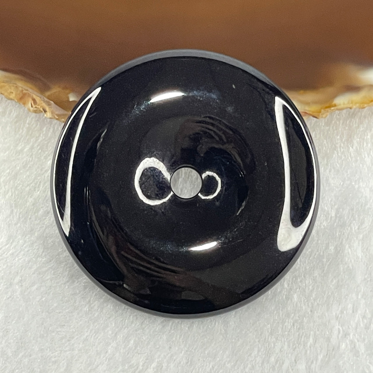 Type A Opaque Black Omphacite Jadeite Ping An Kou Donut Pendant 48.16g 50.2 by 8.9mm
