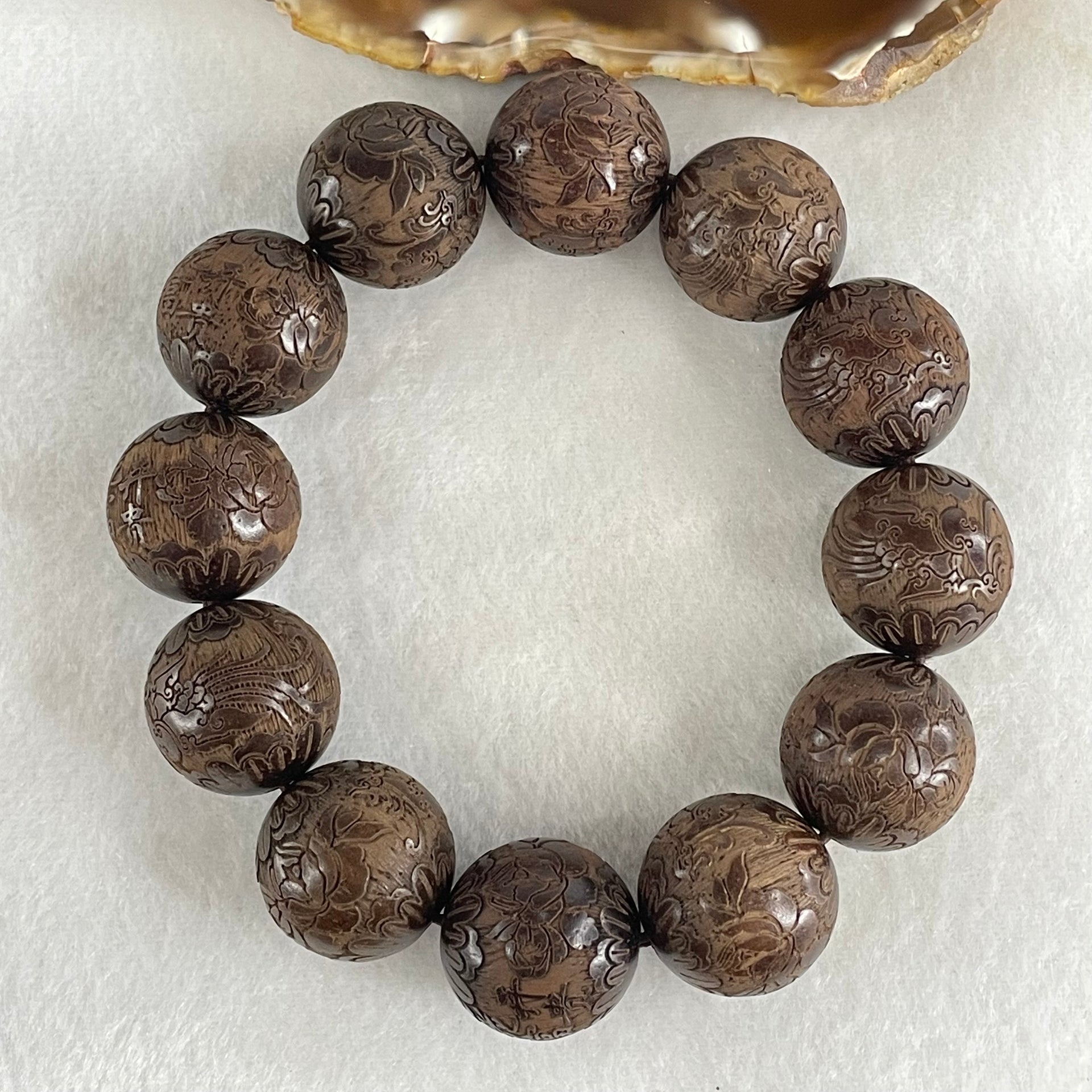 Natural Rosewood with Prosperity Flowers and Birds Beads Bracelet 64.48g 18cm 20.1mm 12 Beads - Huangs Jadeite and Jewelry Pte Ltd
