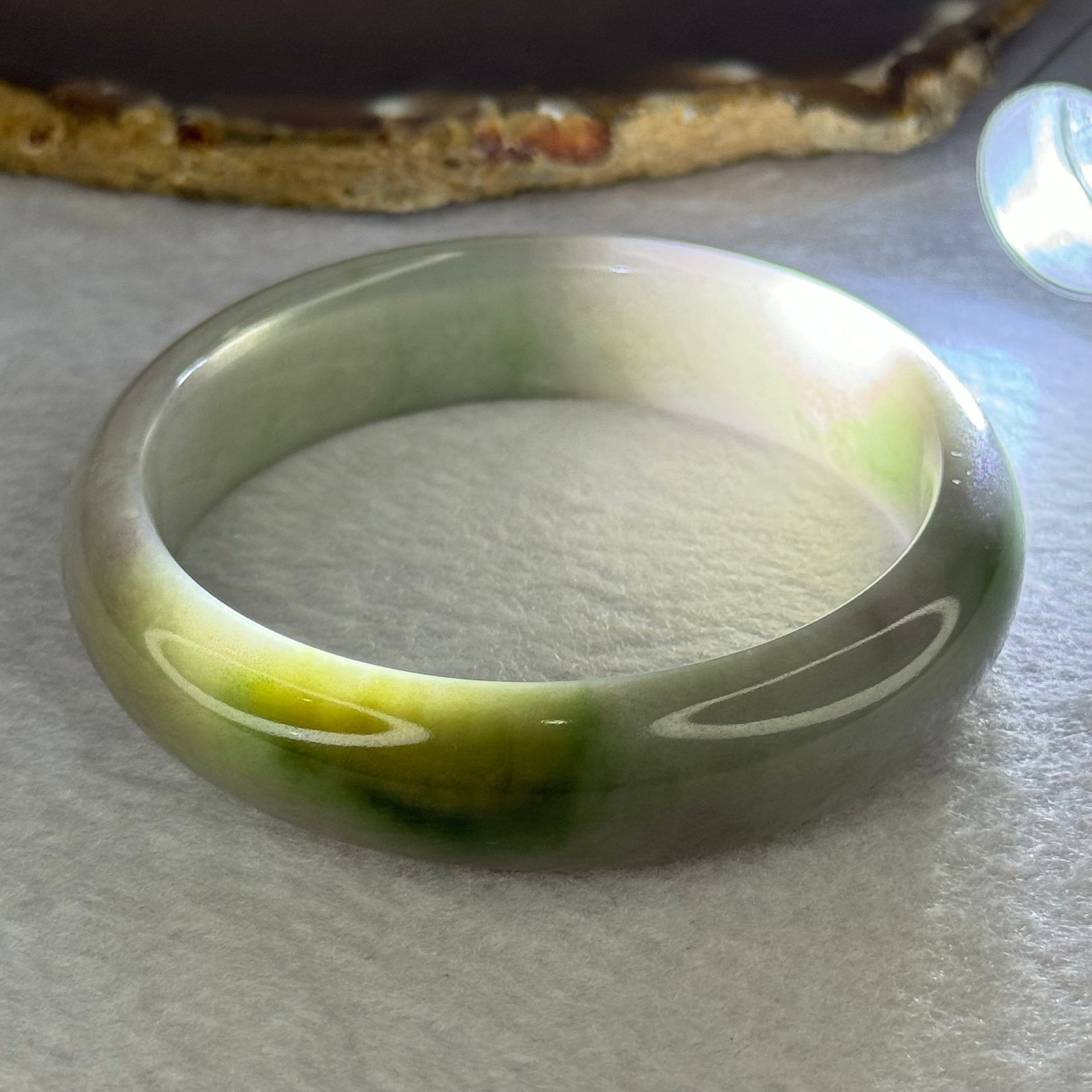 Type A Lavender with Green and Yellow Patches Jadeite Bangle Internal Diameter 59.0mm 67.00g 15.3 by 8.4mm (Close to Perfect) - Huangs Jadeite and Jewelry Pte Ltd