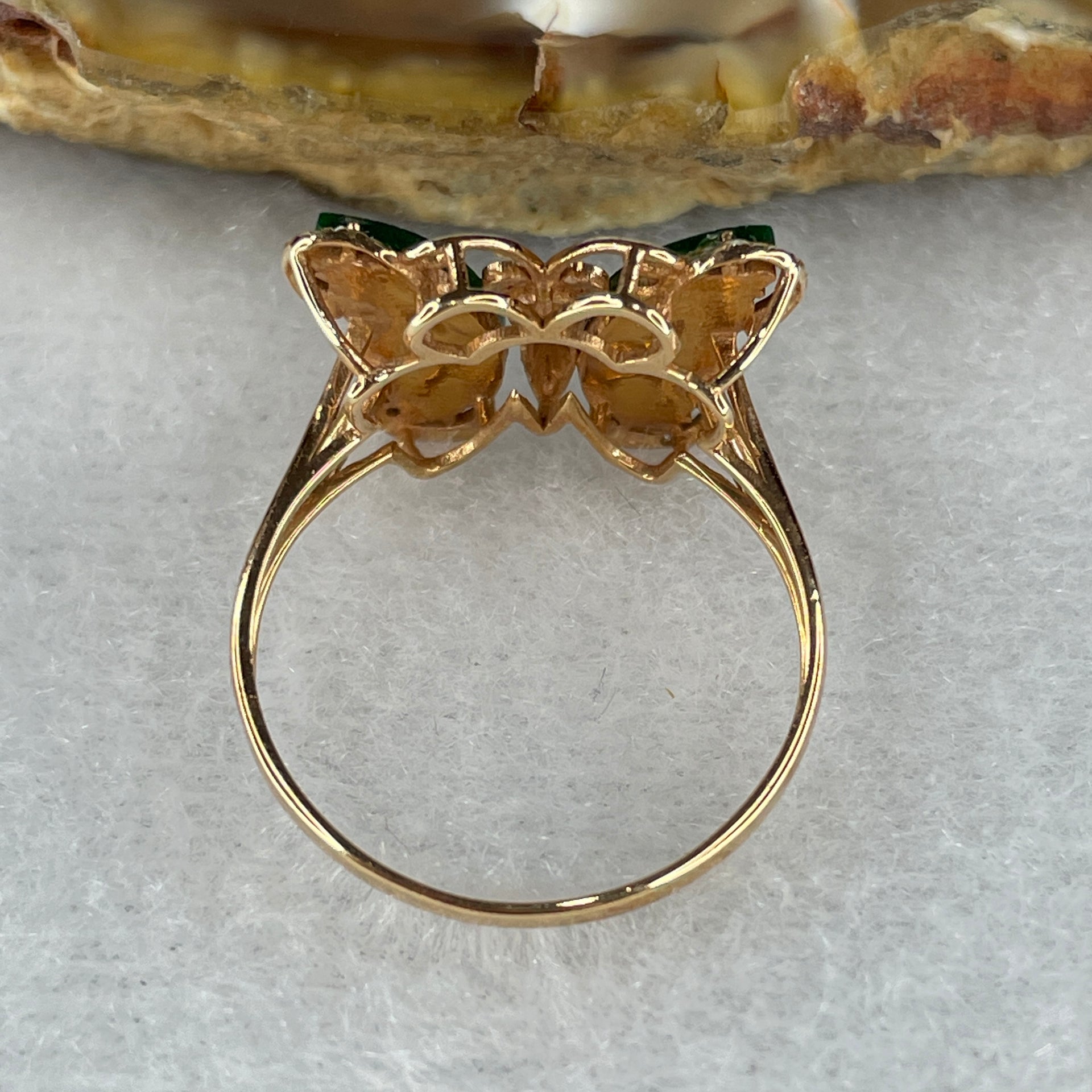 Type A Green Burmese Icy Butterfly Jade Jadeite ring in 18k rose gold & natural diamonds 1.87g  Ring Size: US 6.5 - Huangs Jadeite and Jewelry Pte Ltd