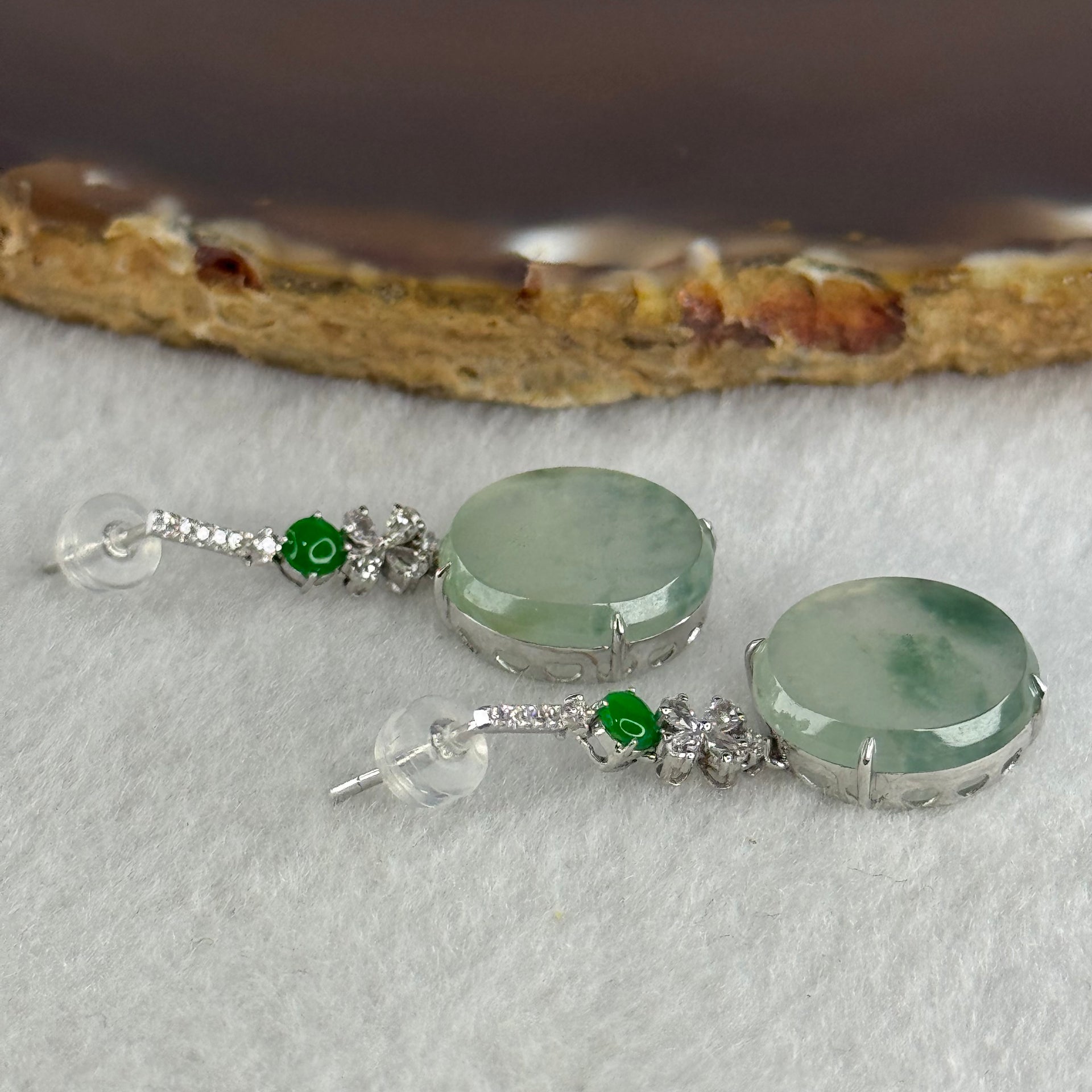 Type A Icy Faint Green with Blueish Green Piao Hua Jade Jadeite Earrings 18k White gold, diamonds and white sapphires 5.08g 33.6 by 14.8 by 5.2mm - Huangs Jadeite and Jewelry Pte Ltd