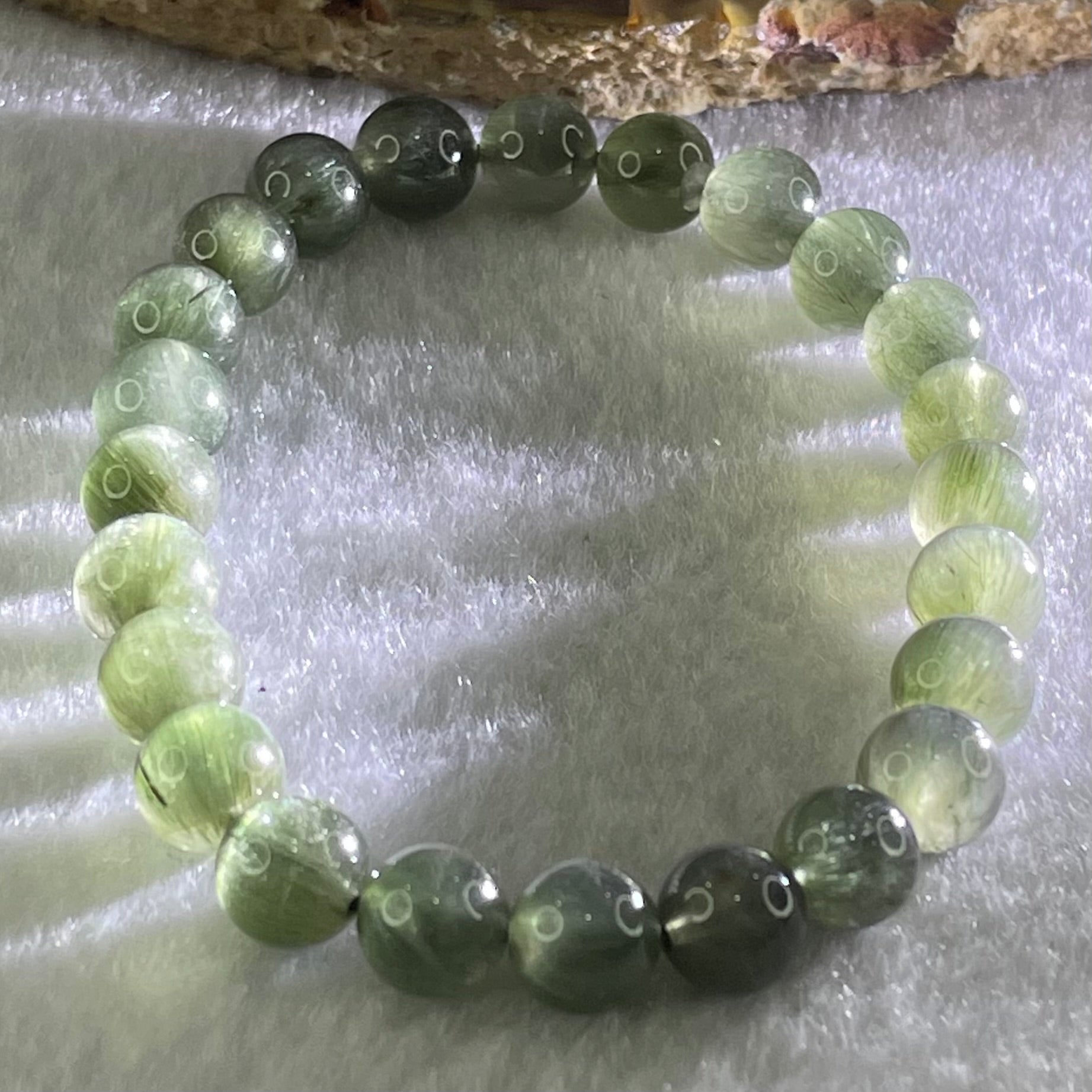 Good Grade Natural Cats Eye Green Rutilated Quartz Beads Bracelet 15.06g 15.5cm 7.8mm 24 Beads - Huangs Jadeite and Jewelry Pte Ltd