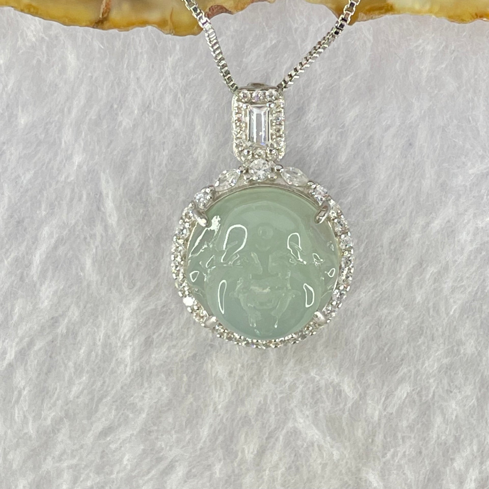 Type A Semi Icy Light Blueish Green Milo Buddha with Crystals in S925 Sliver Pendant and Necklace 6.13g 14.9 by 14.9 by 7.8mm - Huangs Jadeite and Jewelry Pte Ltd