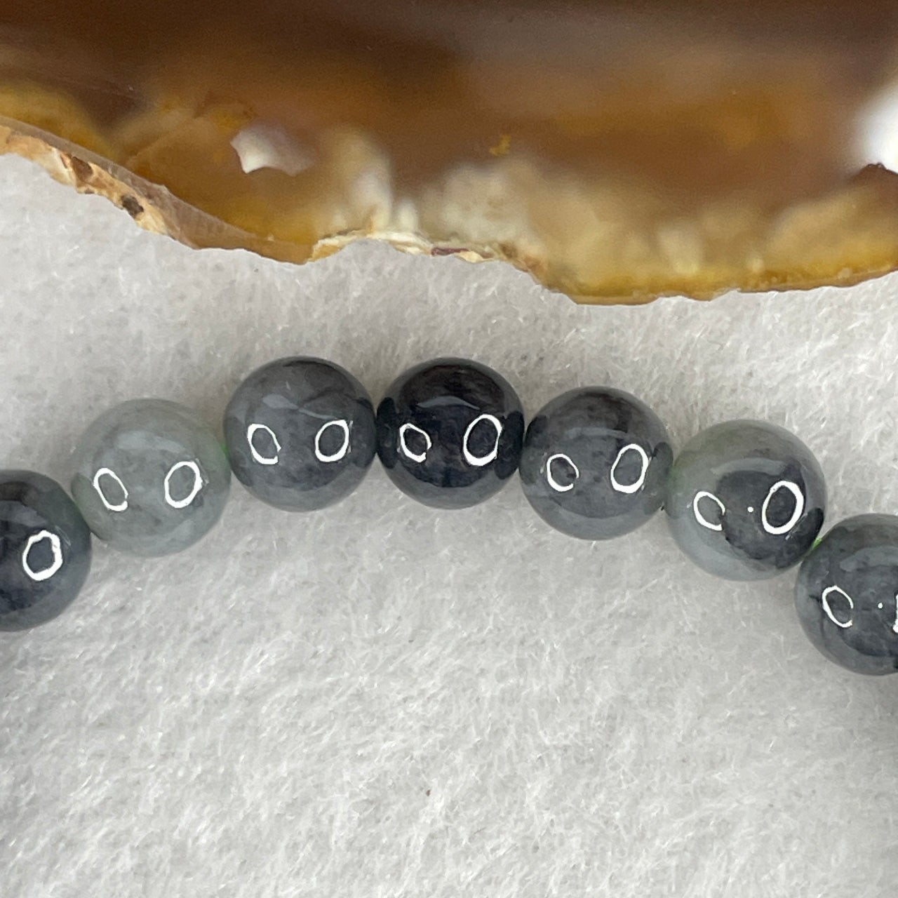 Natural Type A Partial Translucent Grey-Black Wuji Jadeite Beads Bracelet | 13.5cm Petite Strand | 25-Piece "Black Ink Painting" Watery Black Jadeite Talisman (12.79g, 6.9mm)