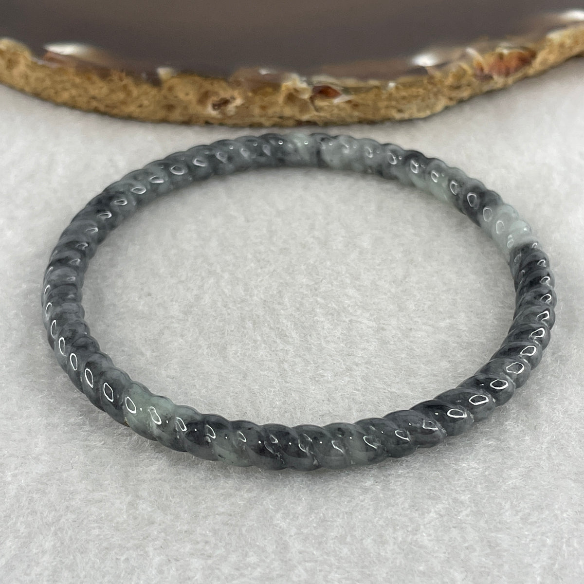 Natural Type A Wuji Grey Jadeite Twisted Bangle | 59.2mm Inner Diameter (13.87g 5.3x5.4mm | Continuous Fortune & Root Shield) - Huangs Jadeite and Jewelry Pte Ltd