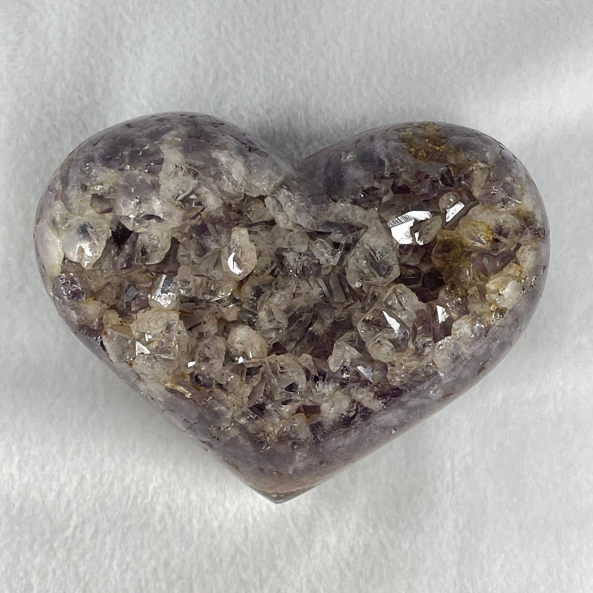 Natural Amethyst with White Milky Quartz Heart with Wooden Stand 744.9g 113.2 by 88.5 by 101.5mm - Huangs Jadeite and Jewelry Pte Ltd