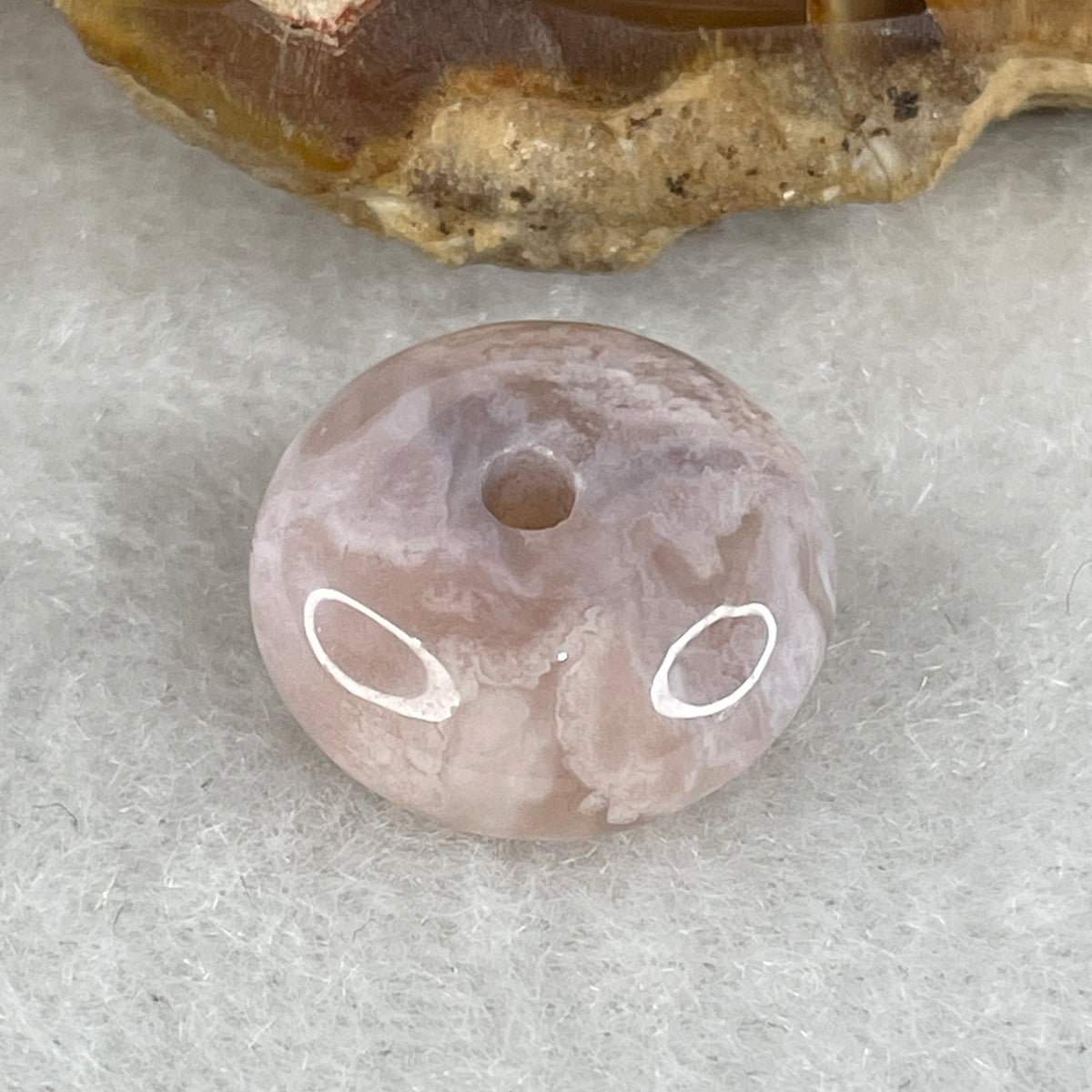 Natural Pinkish Flower Agate Ping An Kou Charm Pendant | Petite Cherry Blossom Quartz Peace Donut Talisman (2.29g | 14.6 x 7.0mm)