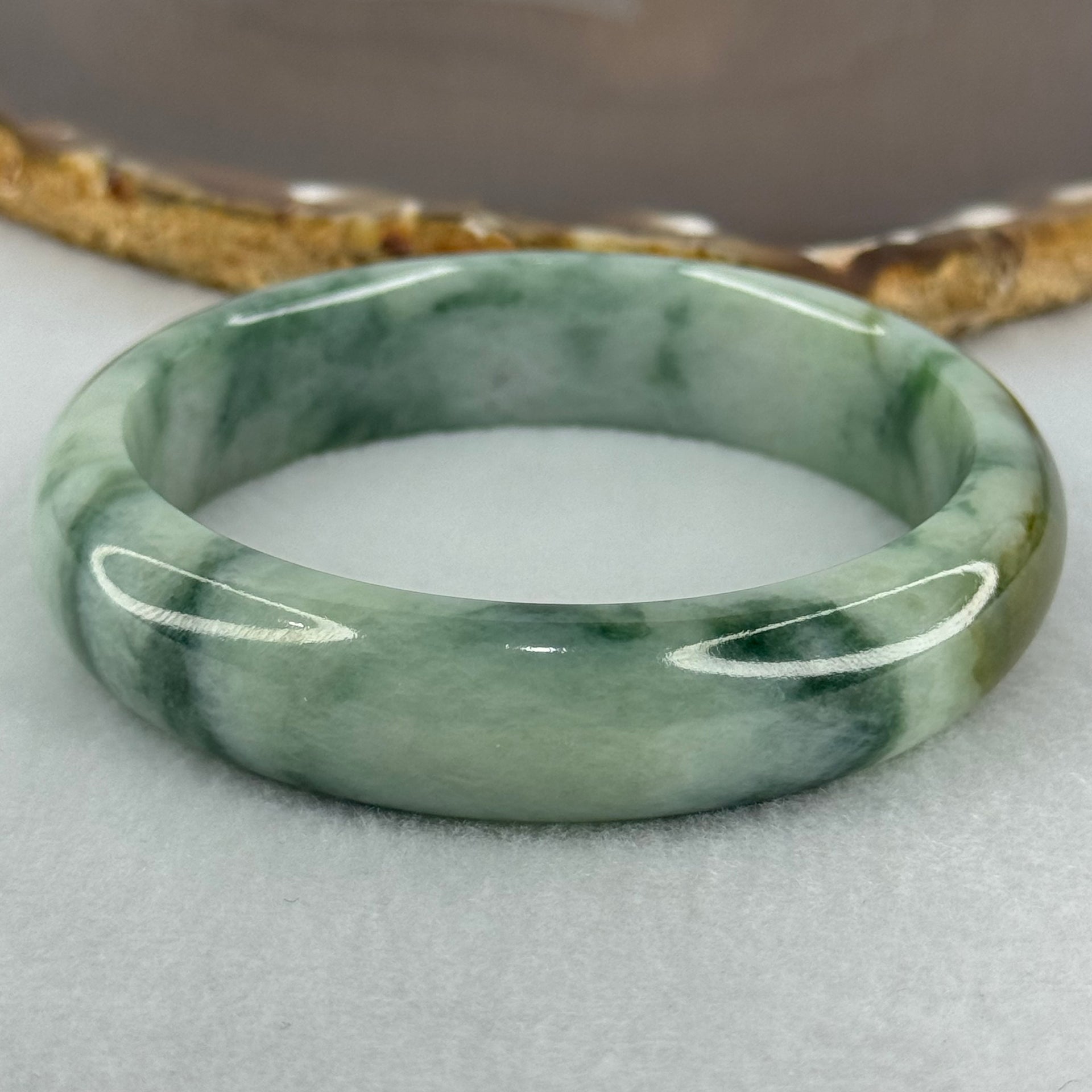 Type A Light Green with Dark Green Piao and Brown Patch Jadeite Bangle Internal Diameter 58.7mm 65.92g 14.9 by 8.5mm (Slight Internal Lines) - Huangs Jadeite and Jewelry Pte Ltd