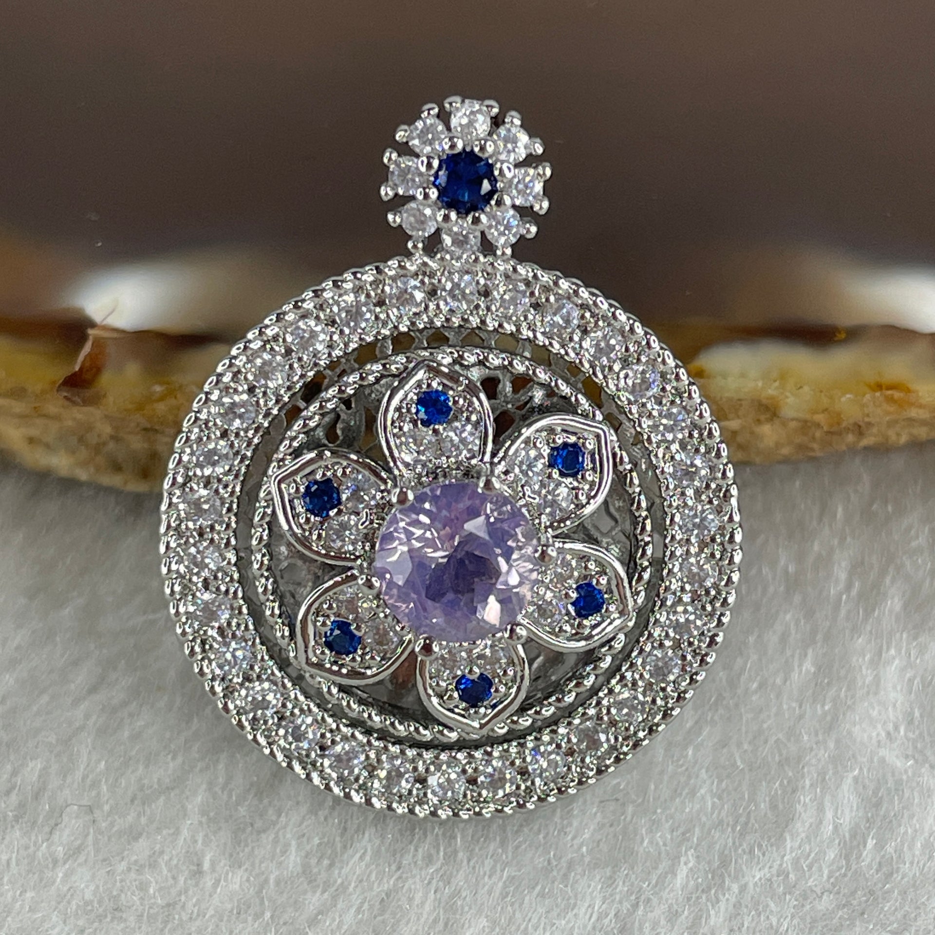 Natural Purple with Colorless and Blue Cubic Zirconia Beads Pendant in S925 Sliver 6.99g 6.0 by 2.0mm - Huangs Jadeite and Jewelry Pte Ltd