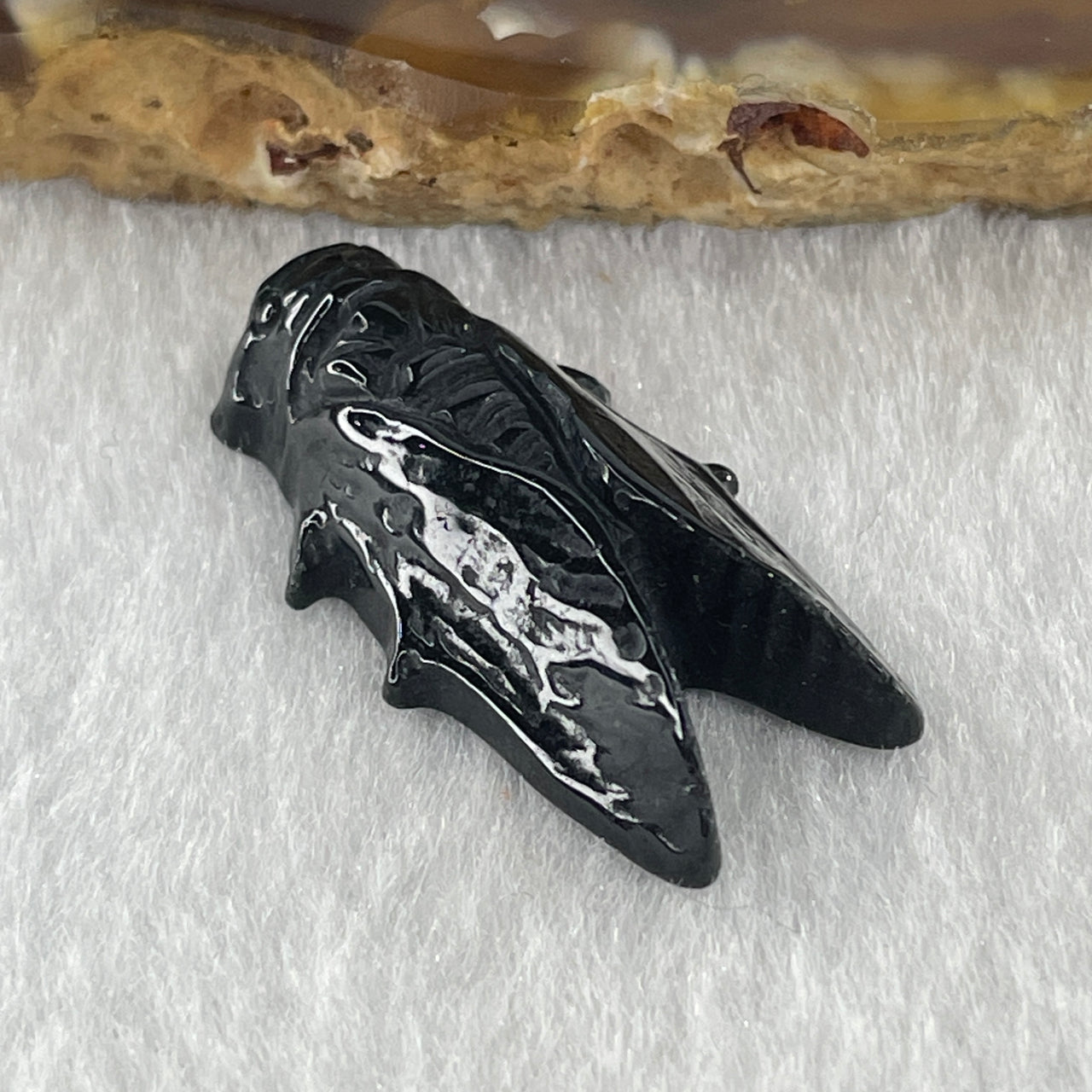 Type A Opaque Black Omphacite Cicada Pendant Charm 4.22g 28.1 by 14.5 by 6.9mm - Huangs Jadeite and Jewelry Pte Ltd