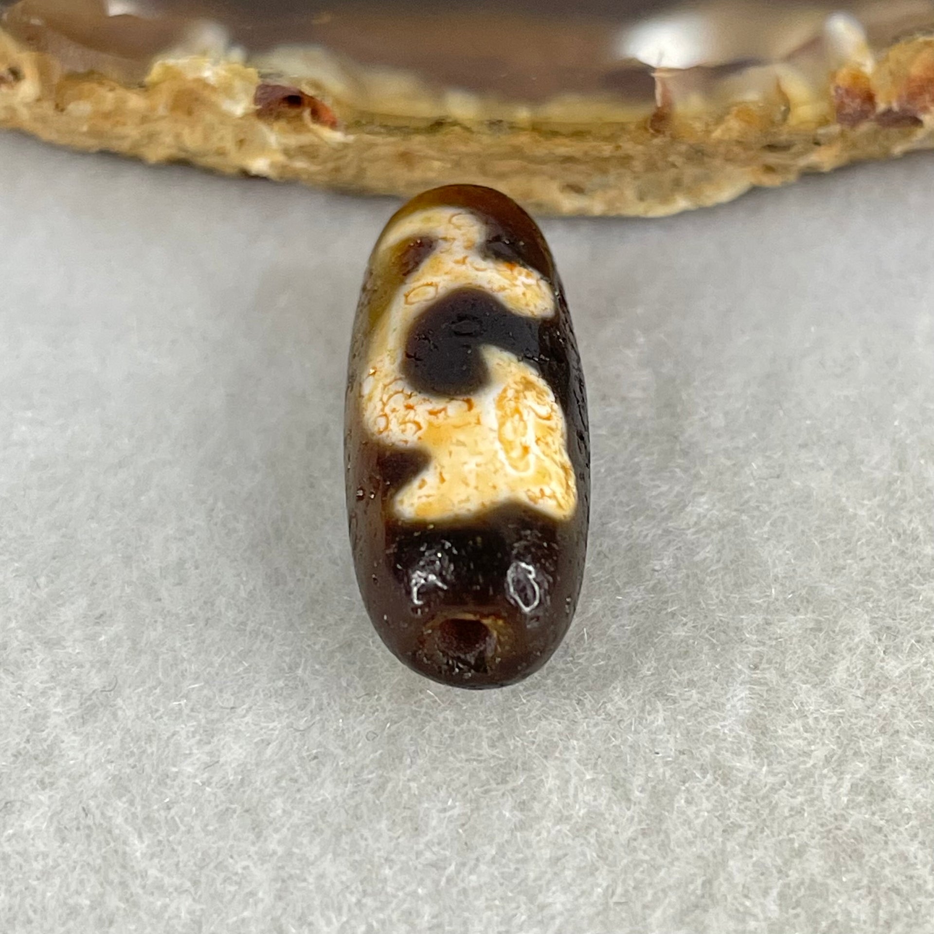 Aged Natural Powerful Tibetan Old Oily Blackish Brown Yellowish White Agate Green Tara Dzi Bead Heavenly Master (Tian Zhu) 绿度母天珠 4.86g 28.5 by 10.8mm - Huangs Jadeite and Jewelry Pte Ltd