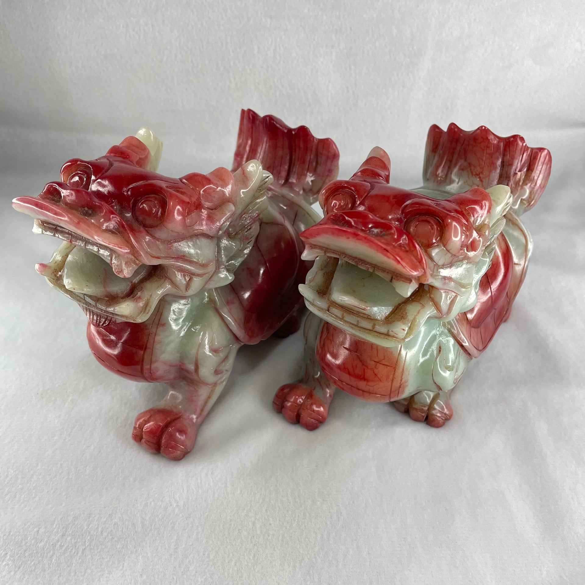 Antique Natural Red Green Marble Long Gui Dragon Turtle Pair Total Weight 2,753.5g each about 155.0 by 70.0 by 11.0mm (Slight Chips) - Huangs Jadeite and Jewelry Pte Ltd