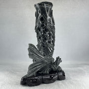 Natural Dark Green Serpentine Carp Fish with Wooden Stand Display 1,119.0g 175.0 by 100.0 by 240.0mm - Huangs Jadeite and Jewelry Pte Ltd