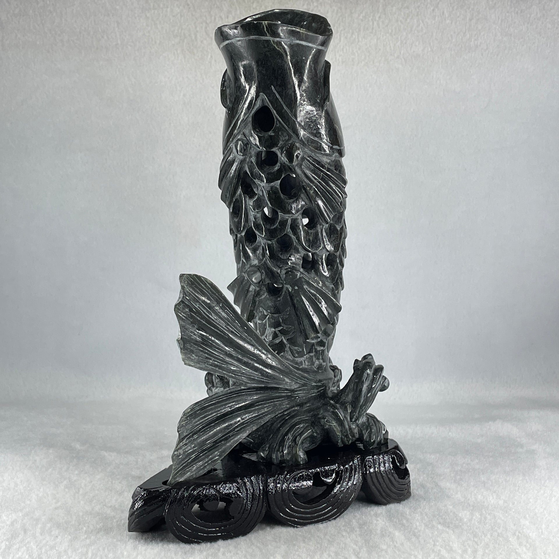 Natural Dark Green Serpentine Carp Fish with Wooden Stand Display 1,119.0g 175.0 by 100.0 by 240.0mm - Huangs Jadeite and Jewelry Pte Ltd