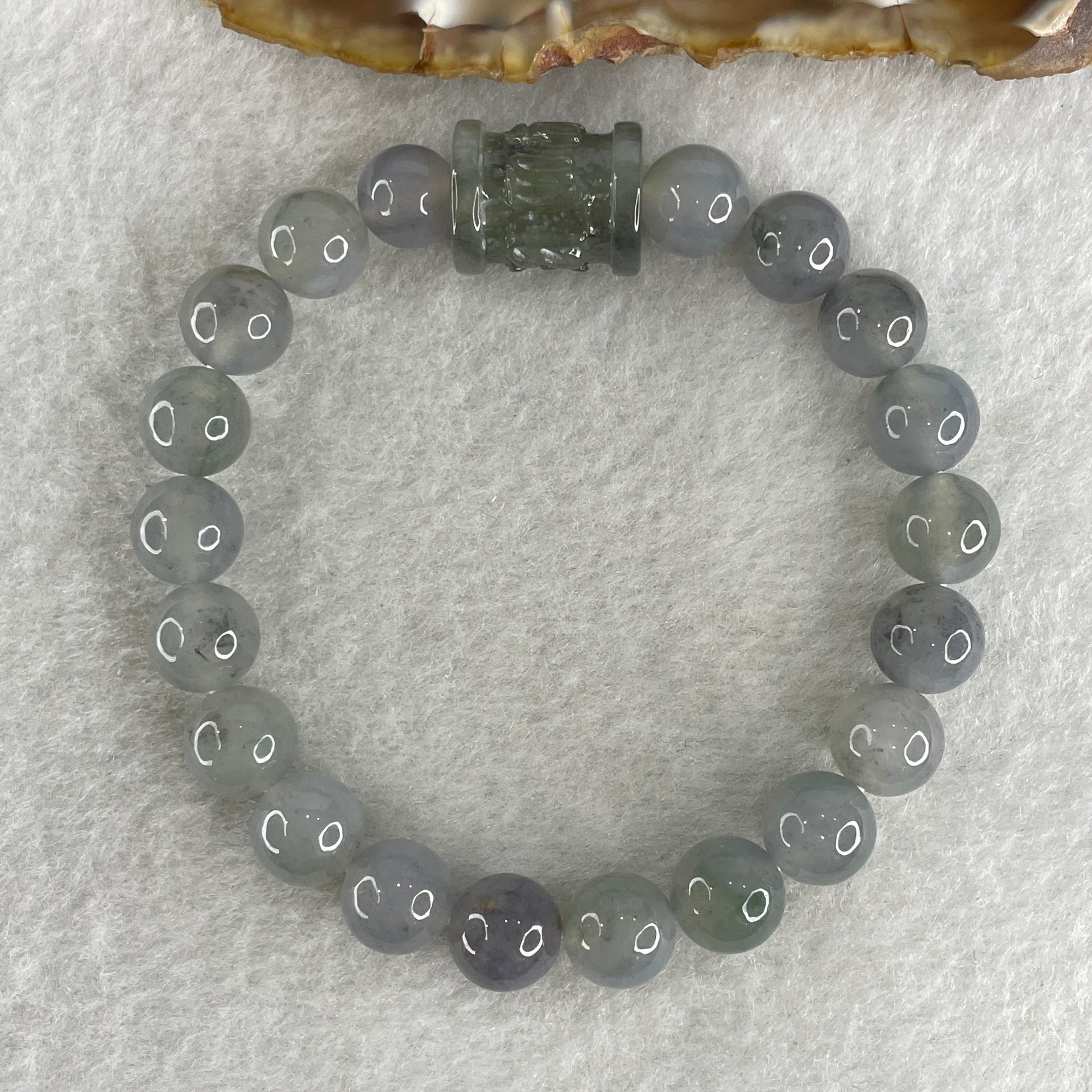 Certified Natural Type A Semi icy Wuyji Grey Jadeite Beads with Lulutong Charm Bracelet 25.45g 15cm 8.4mm 20 Beads - 14.5 by 11.8mm Lulutong - Huangs Jadeite and Jewelry Pte Ltd