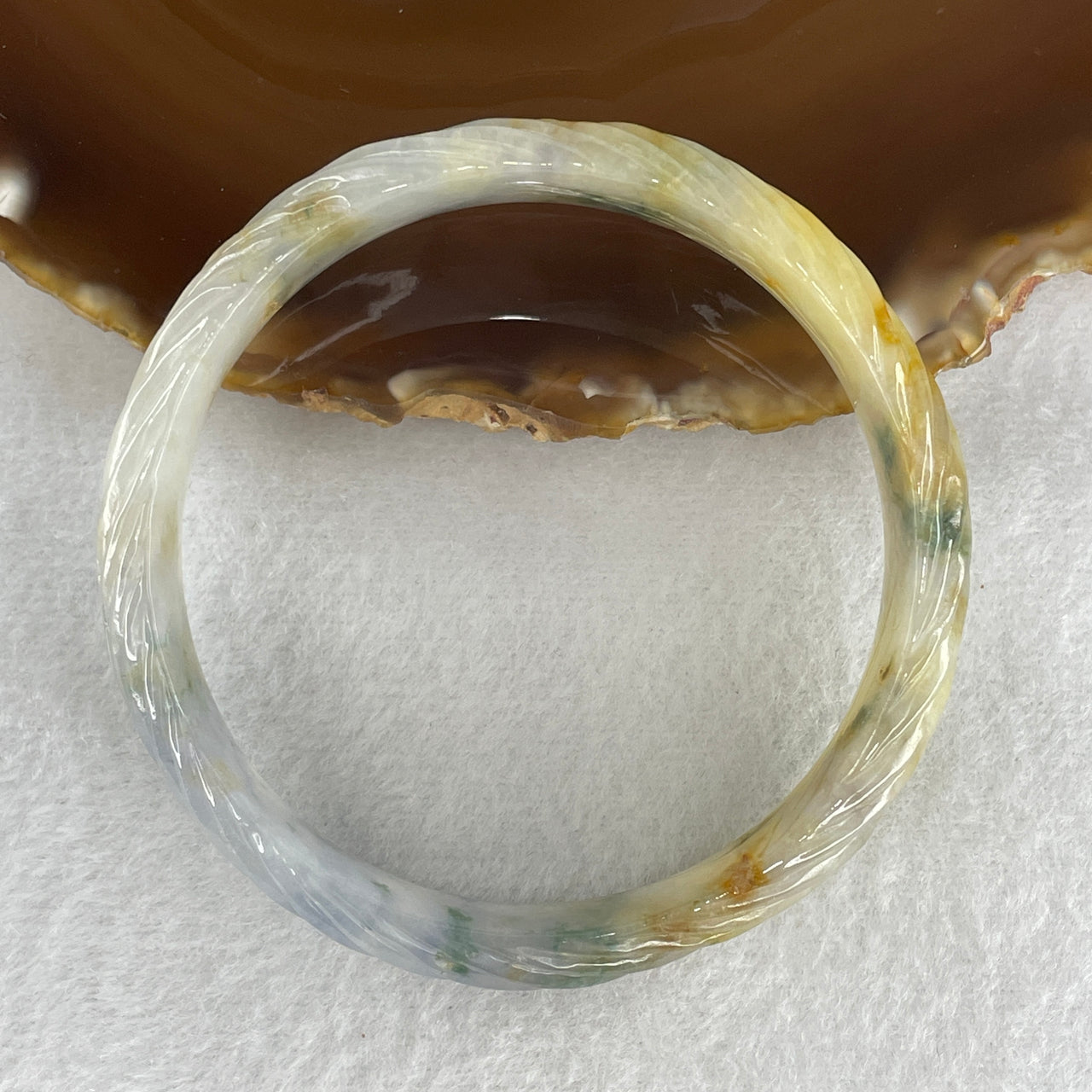 58.1mm Natural Type A Jadeite Bangle: Yellow Lavender Green Carved Bat and Lines Jade (43.74g) - 14.3x6.3mm Width Genuine Burmese Jadeite (External and Internal Lines)