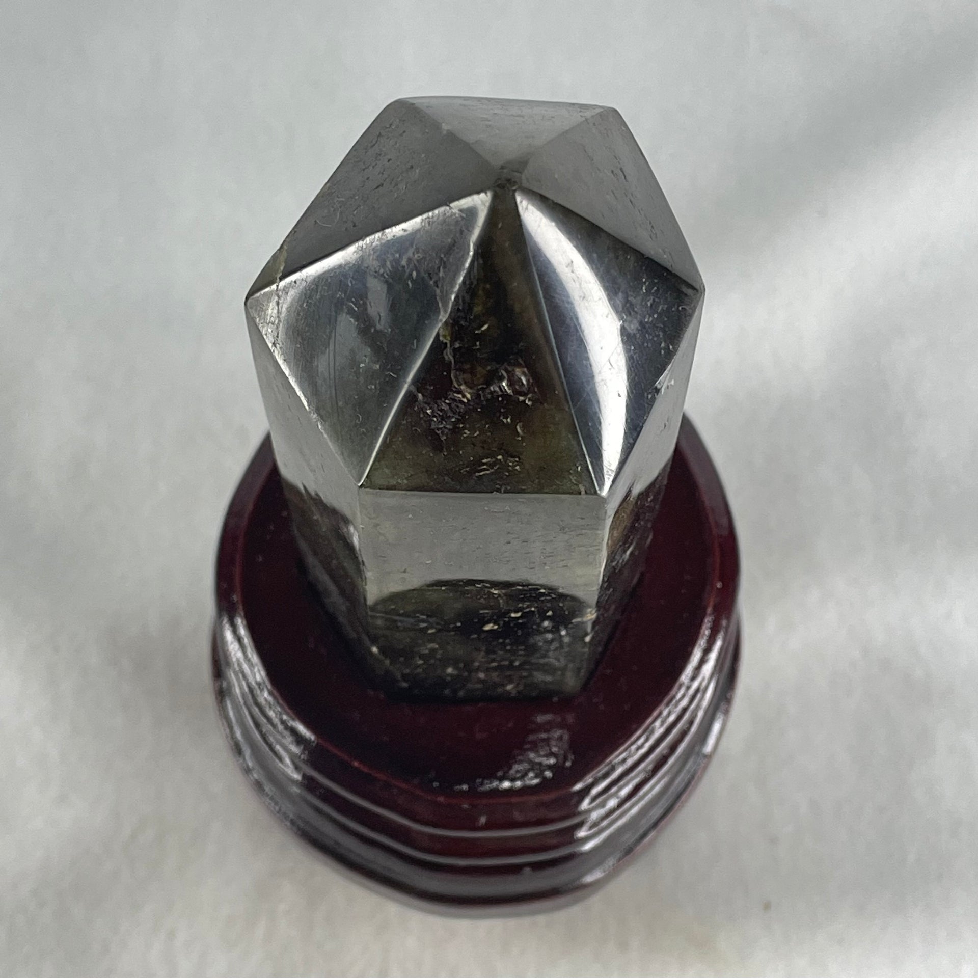 Good Grade Natural Labradorite Tower with Wooden Stand Display 397.7g 150.8 by 71.6 by 69.3mm - Huangs Jadeite and Jewelry Pte Ltd